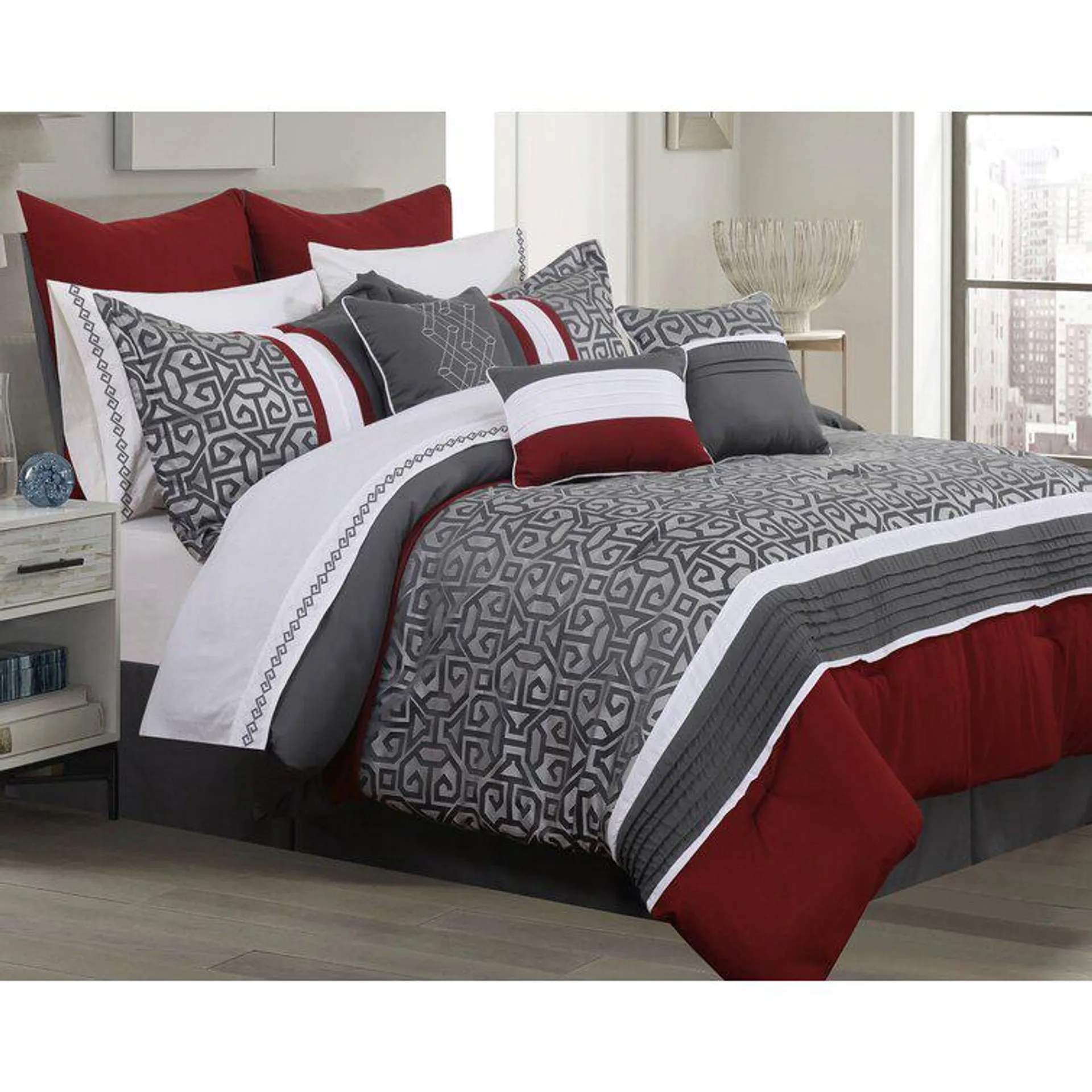 Carmelle Charcoal/Wine Red/White Microfiber Reversible 7 Piece Comforter Set