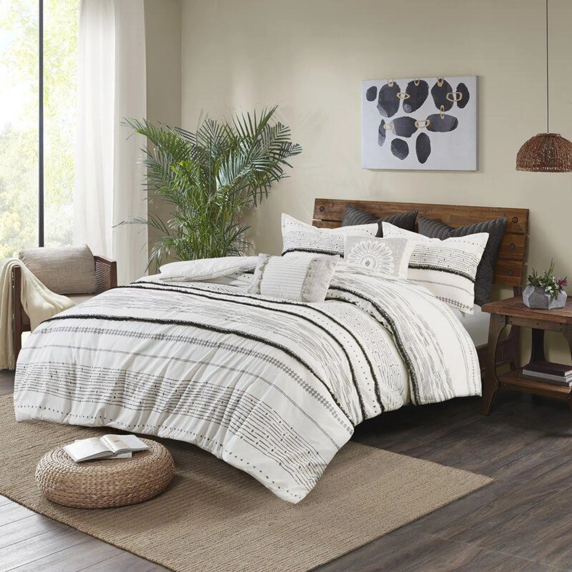 Nea Boho, Mid-Century 3 Piece Stripe Cotton Comforter Set With Tassels