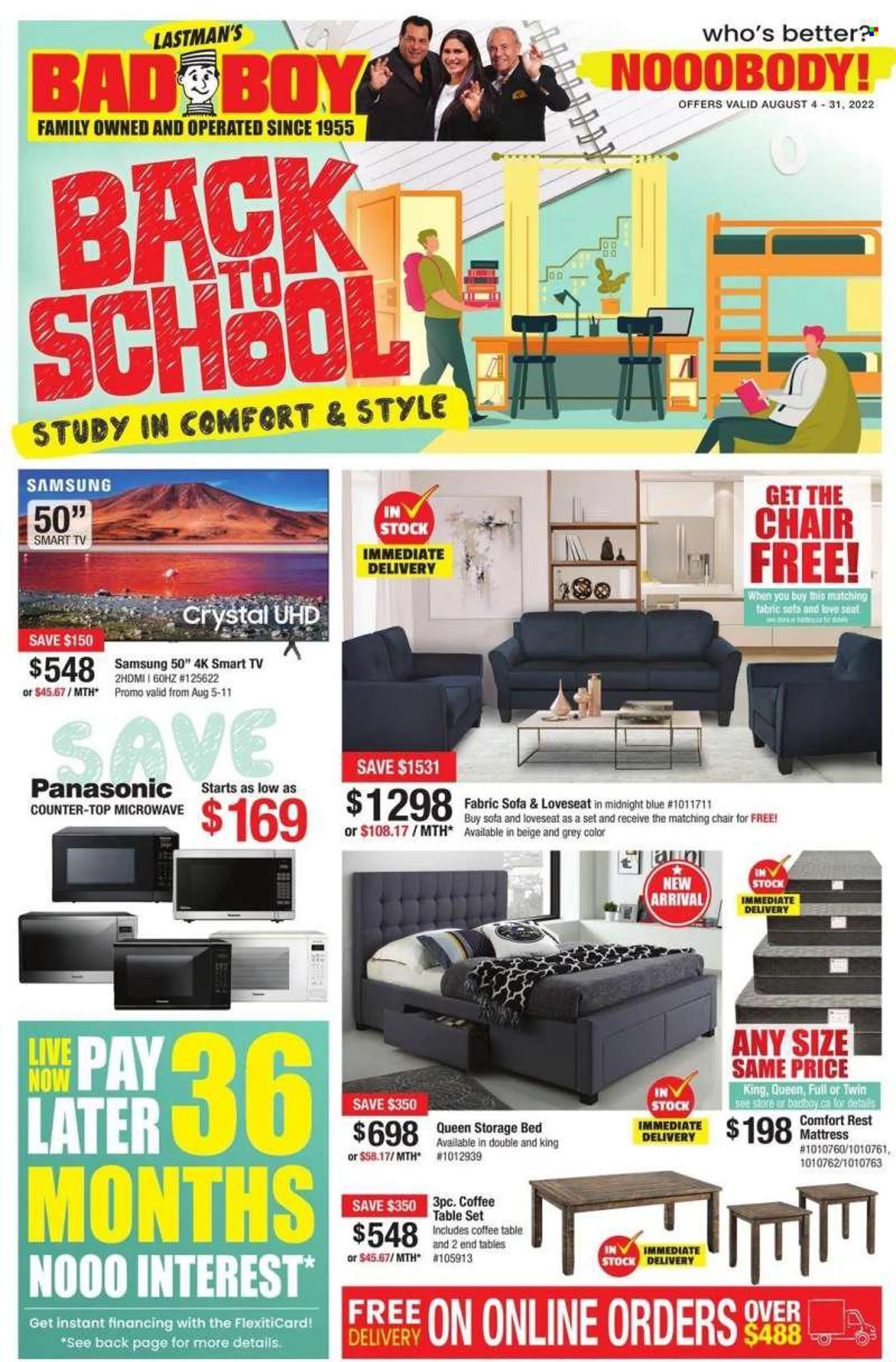 Bad Boy Superstore Flyer - August 04, 2022 - August 31, 2022 - Sales products - chair, Samsung, TV, microwave oven, table, table set, loveseat, sofa, coffee table, end table, storage bed, mattress, smart tv, Panasonic. Page 1.