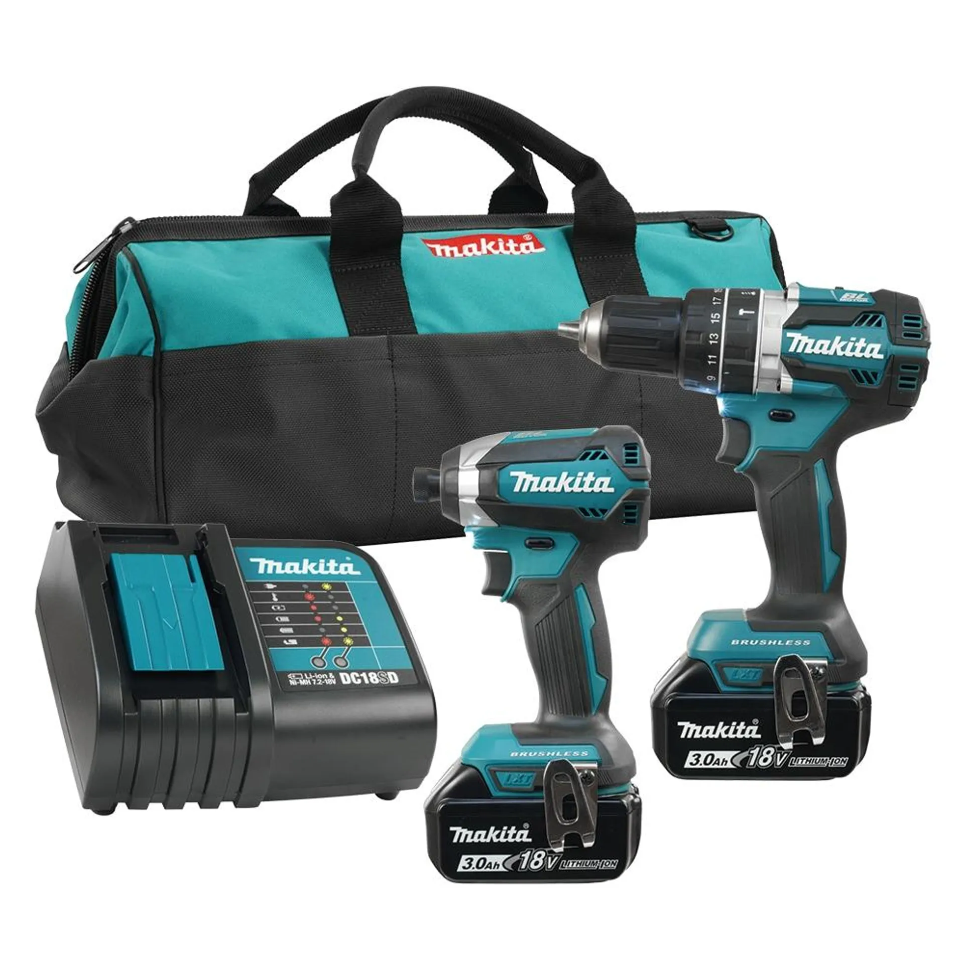18V LXT Brushless Hammer Drill-Driver & Impact Driver Kit w/2 Batteries (3.0Ah), Charger & Bag