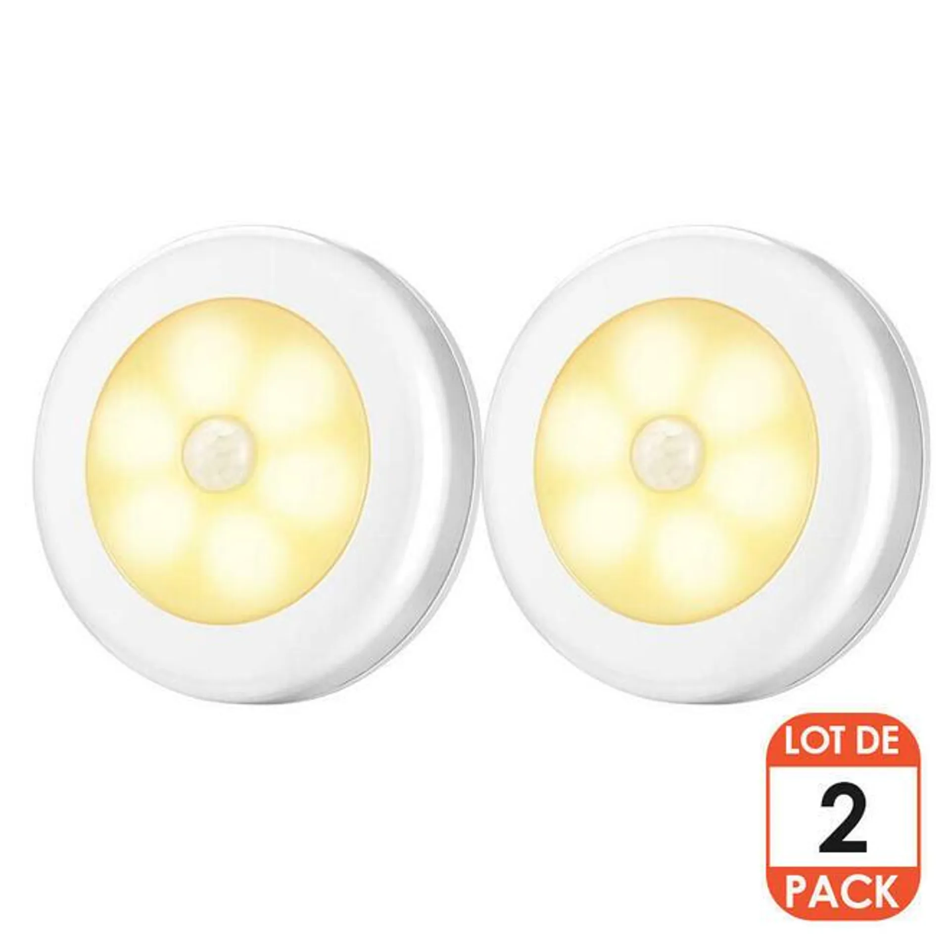 Smart PIR Body Motion Sensor 6-LED Night Light Battery Powered 2 Pack- LIVINGbasics - Warm Light