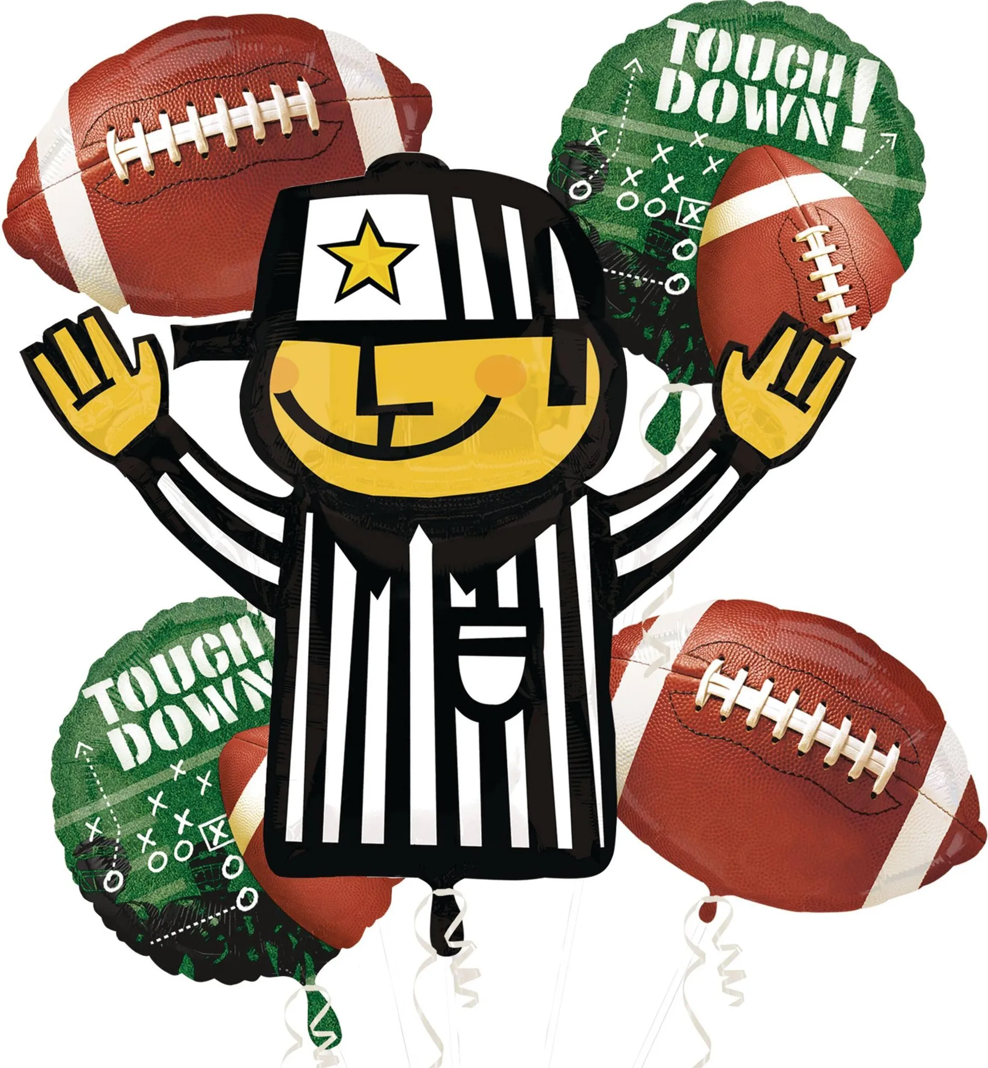 "Touch Down" Referee/Football Satin Foil Balloon Bouquet, Brown/Green, Striped, 5-pk, Helium Inflation & Ribbon Included for Sports Party/Superbowl