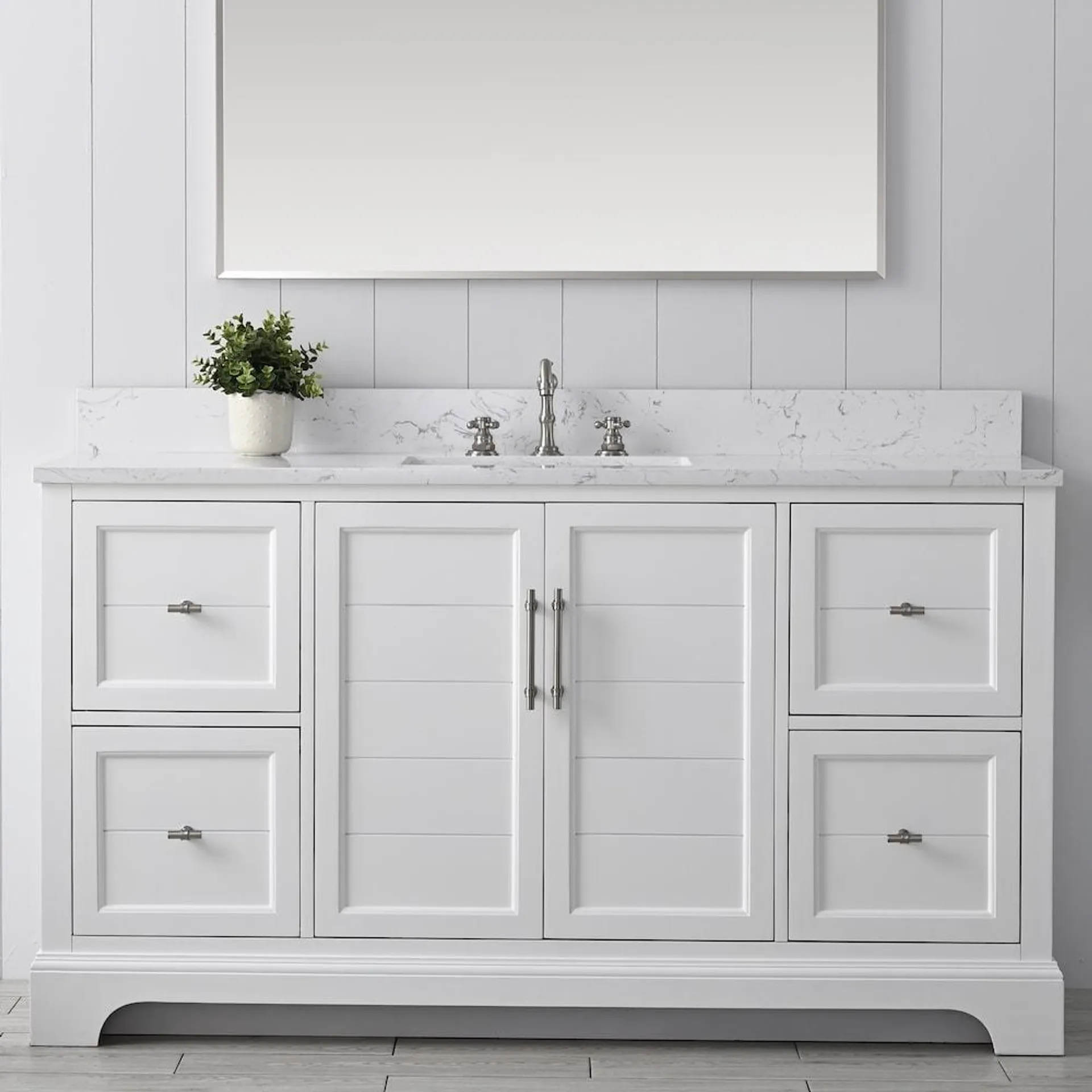 Chambery 60 inch W Bathroom Vanity in White with Engineered Marble Top in White