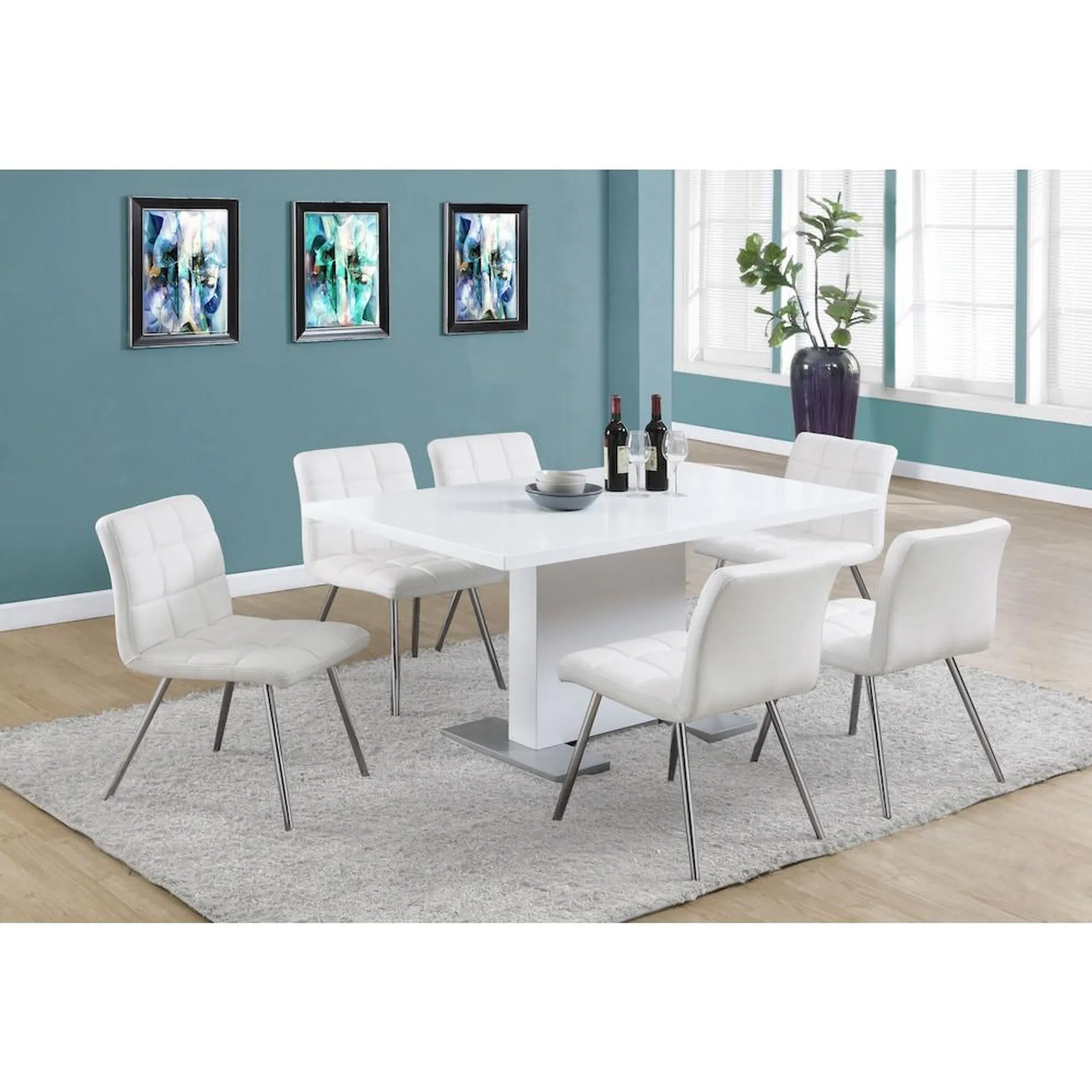 Dining Table, 60" Rectangular, Kitchen, Dining Room, Metal, Laminate, Glossy White, Chrome