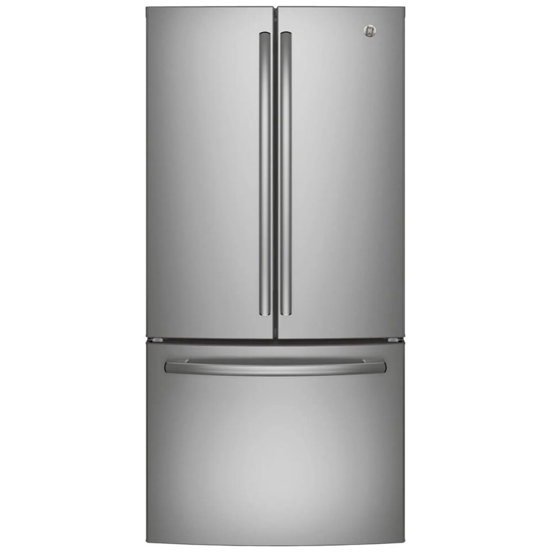 GE GNE25DYRKFS French Door Refrigerator, 33 inch Width, ENERGY STAR Certified, 24.8 cu. ft. Capacity, Stainless Steel colour Glass Shelves, Frost Guard