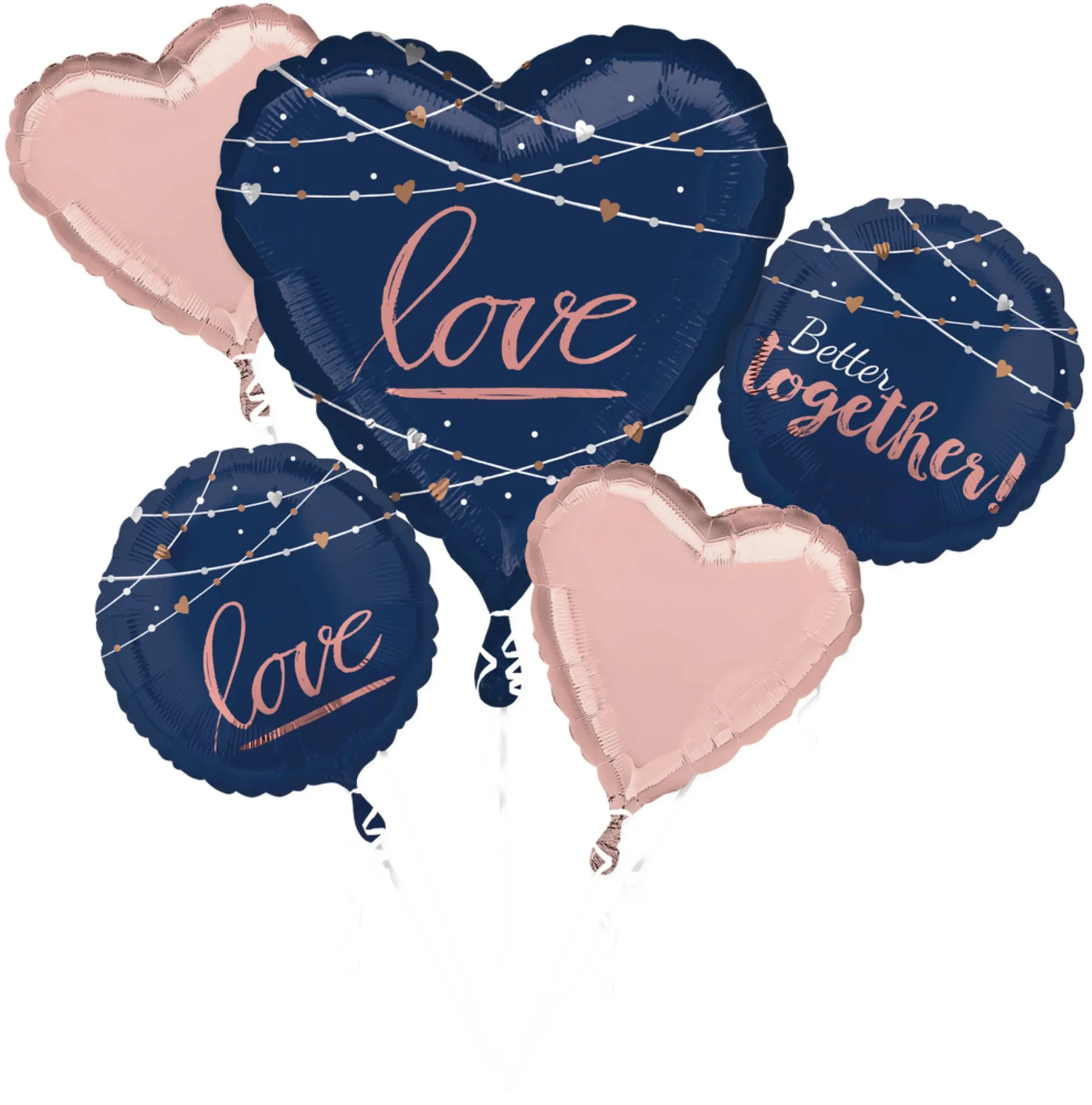 "Love Better Together" Heart Satin Foil Balloon Bouquet, Blue/Rose Gold, 5-pk, Helium Inflation & Ribbon Included for Anniversary/Wedding/Engagement