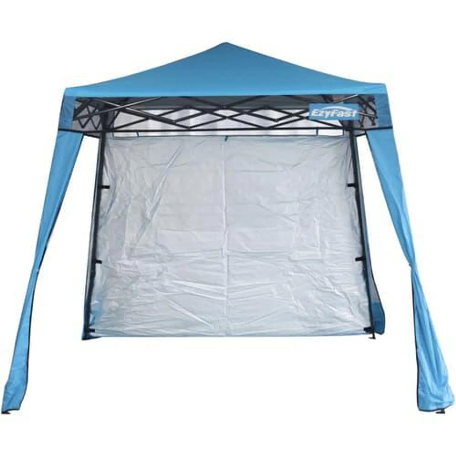 8' x 8' Blue Folding Sun Shelter - with a full sized back wall that is designed to block out the sun and wind and offer privacy, can also be rolled up