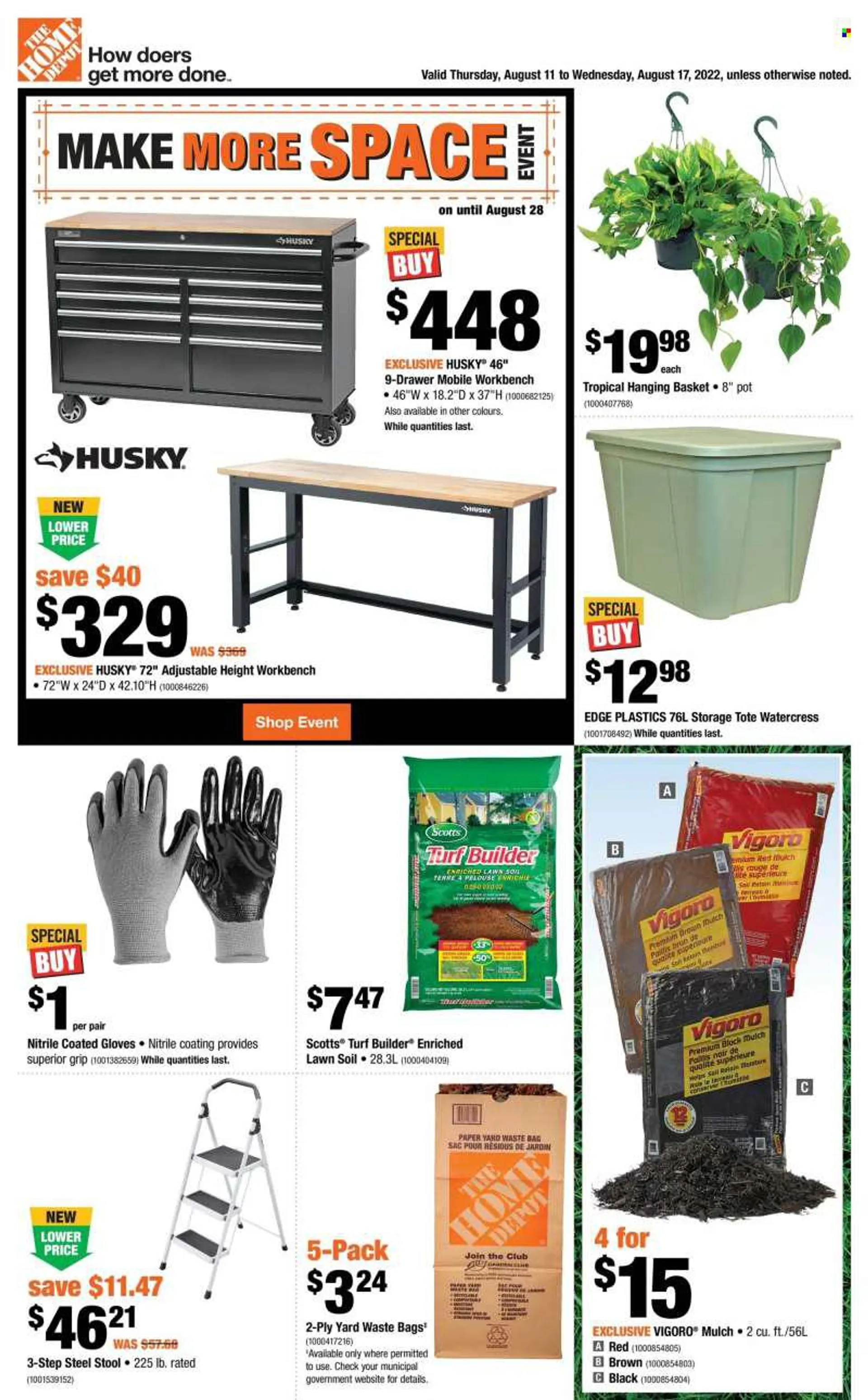 The Home Depot Flyer - August 11, 2022 - August 17, 2022 - Sales products - watercress, basket, pot, bag, paper, work bench, stool, storage tote, turf builder, garden mulch. Page 1.