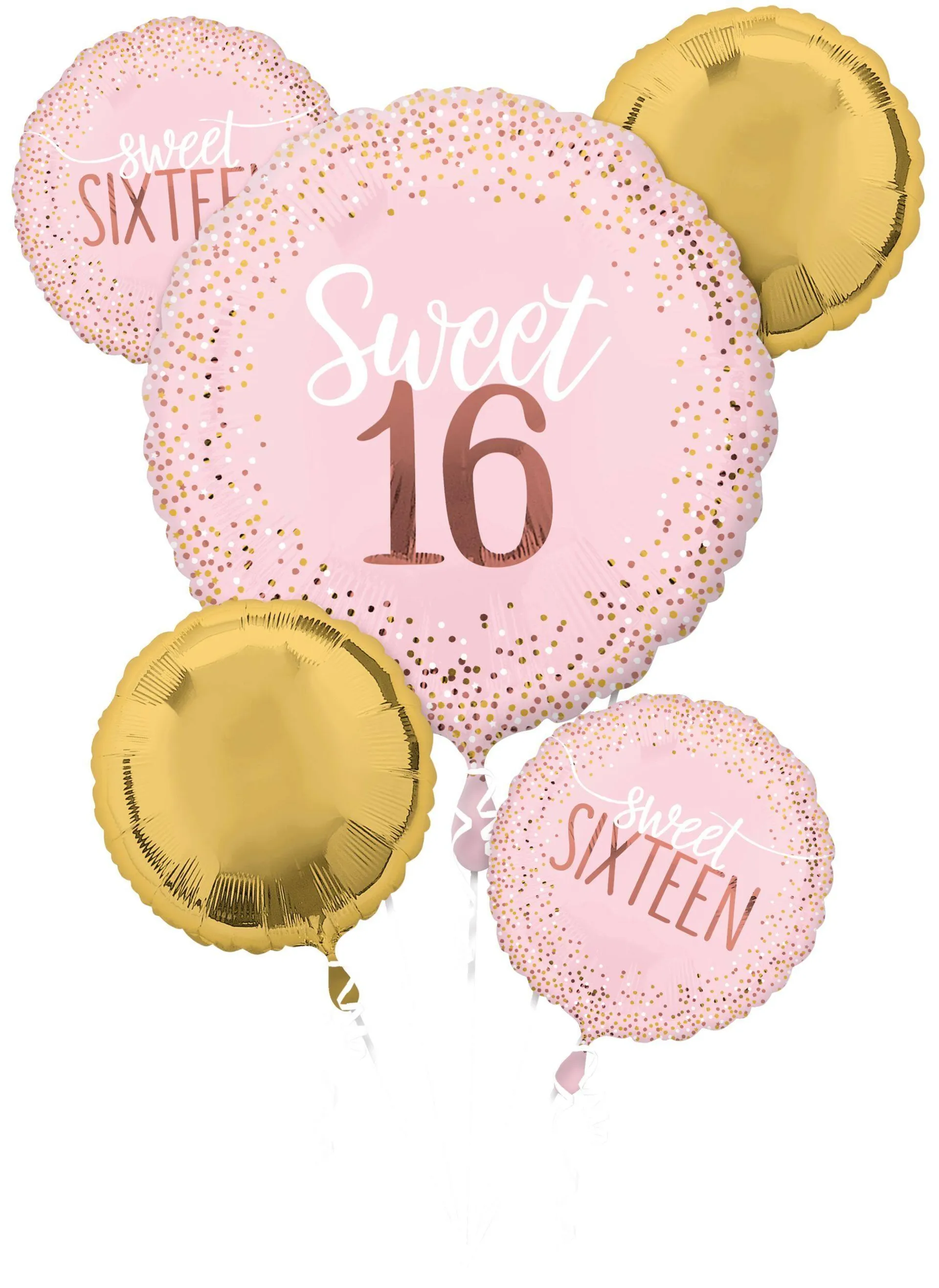 "Sweet Sixteen" Round Satin Foil Balloon Bouquet, Pink/Gold, Polka Dot, 5-pk, Helium Inflation & Ribbon Included for Birthday Party