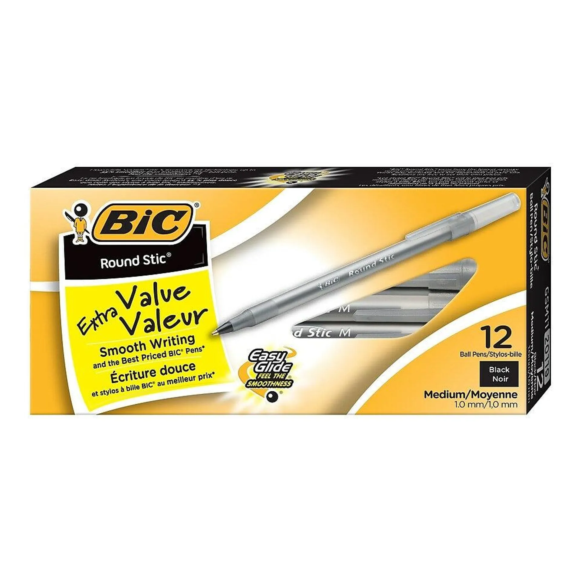 BIC Round Stic Extra Value Ballpoint Stick Pens, 1.0mm, Black, 12 Pack
