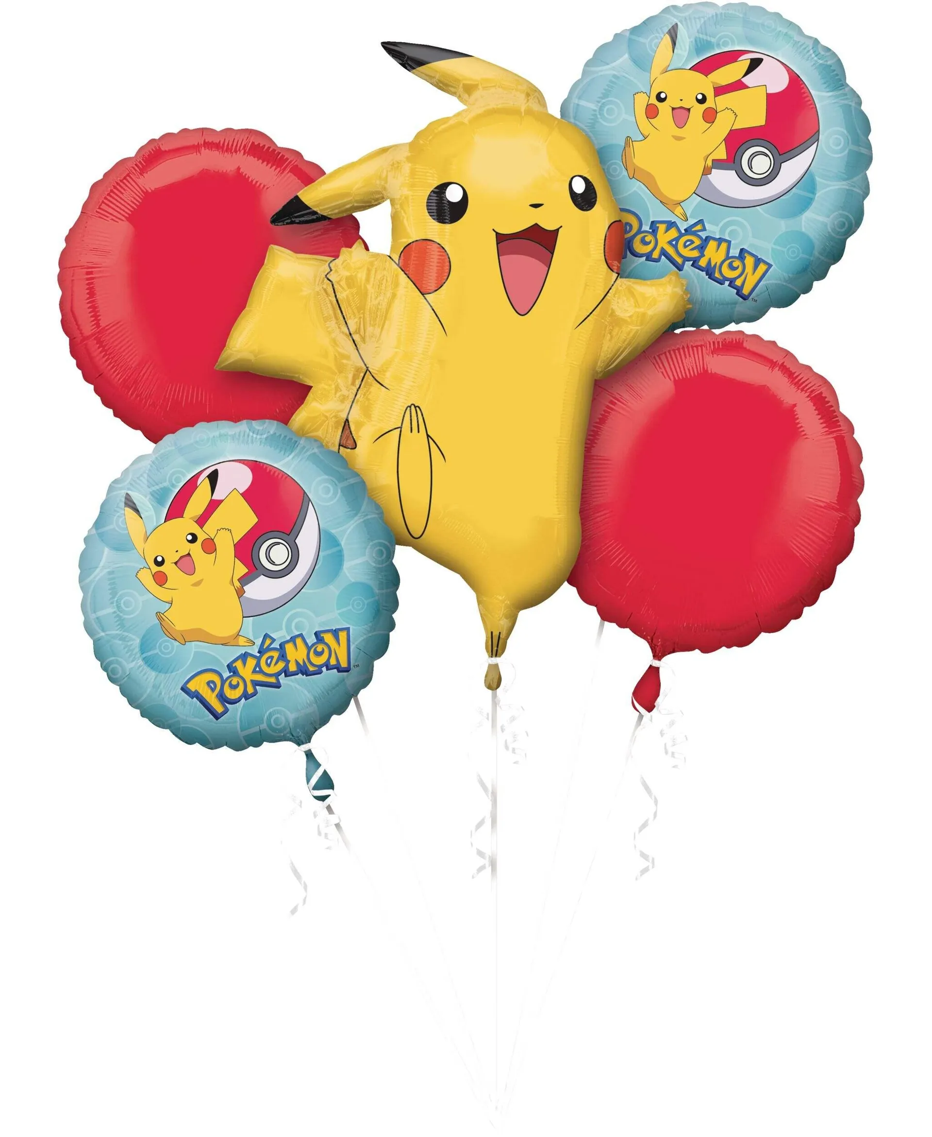 Nintendo Pokémon Round Satin Foil Balloon Bouquet, Yellow/Red/Blue, 5-pk, Helium Inflation & Ribbon Included for Birthday Party