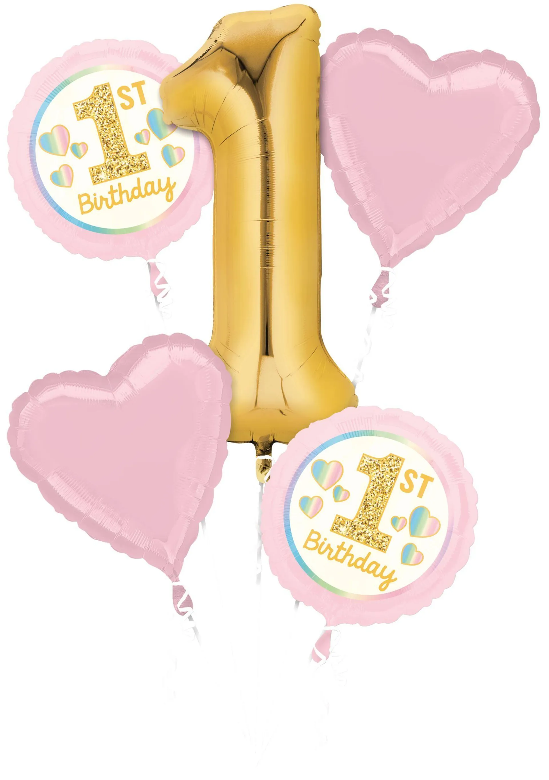 "1st Birthday" Heart/Round Satin Foil Balloon Bouquet, Gold/Pink, 5-pk, Helium Inflation & Ribbon Included for Birthday Party