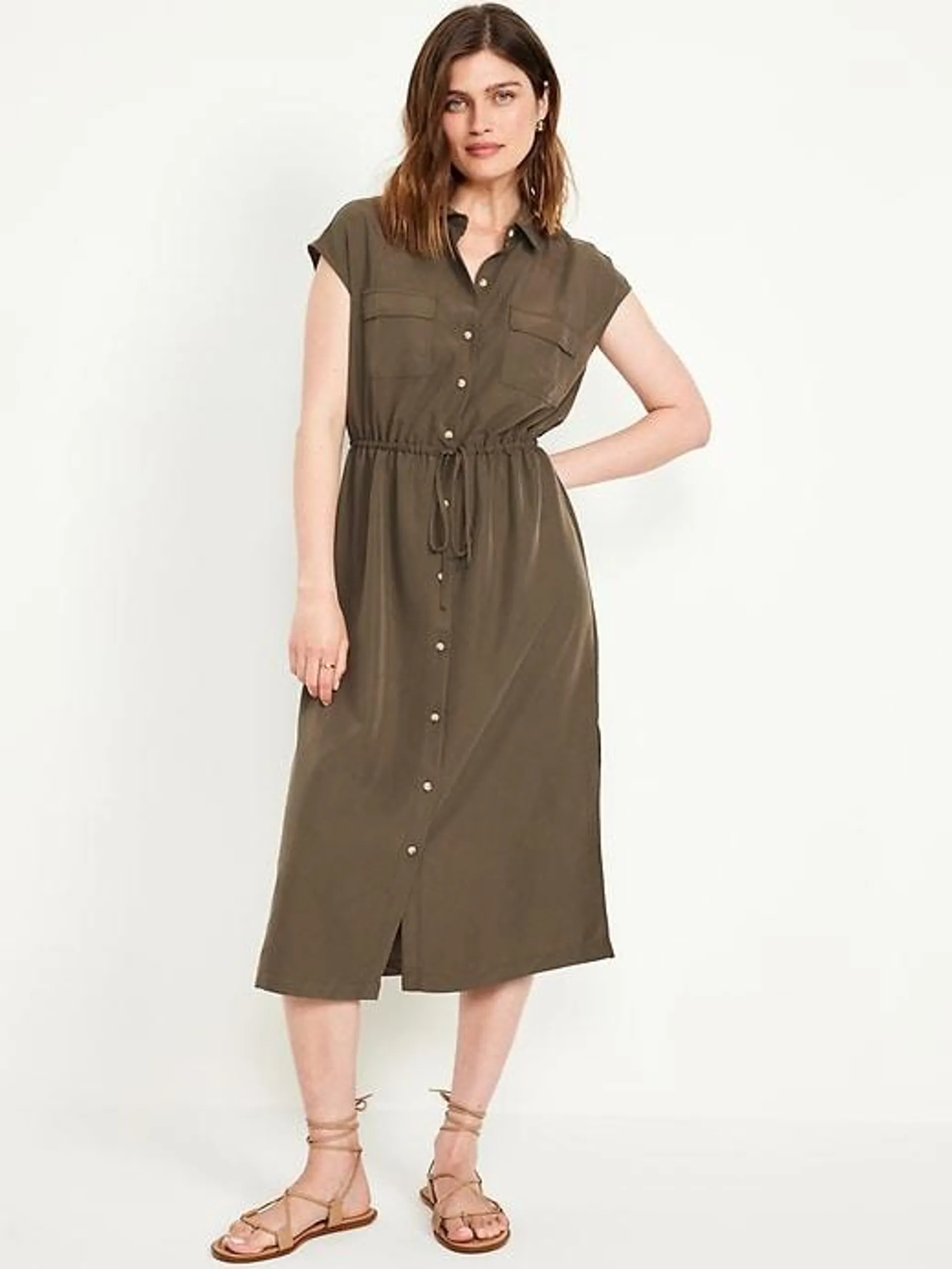 Waist-Defined Utility Midi Shirt Dress