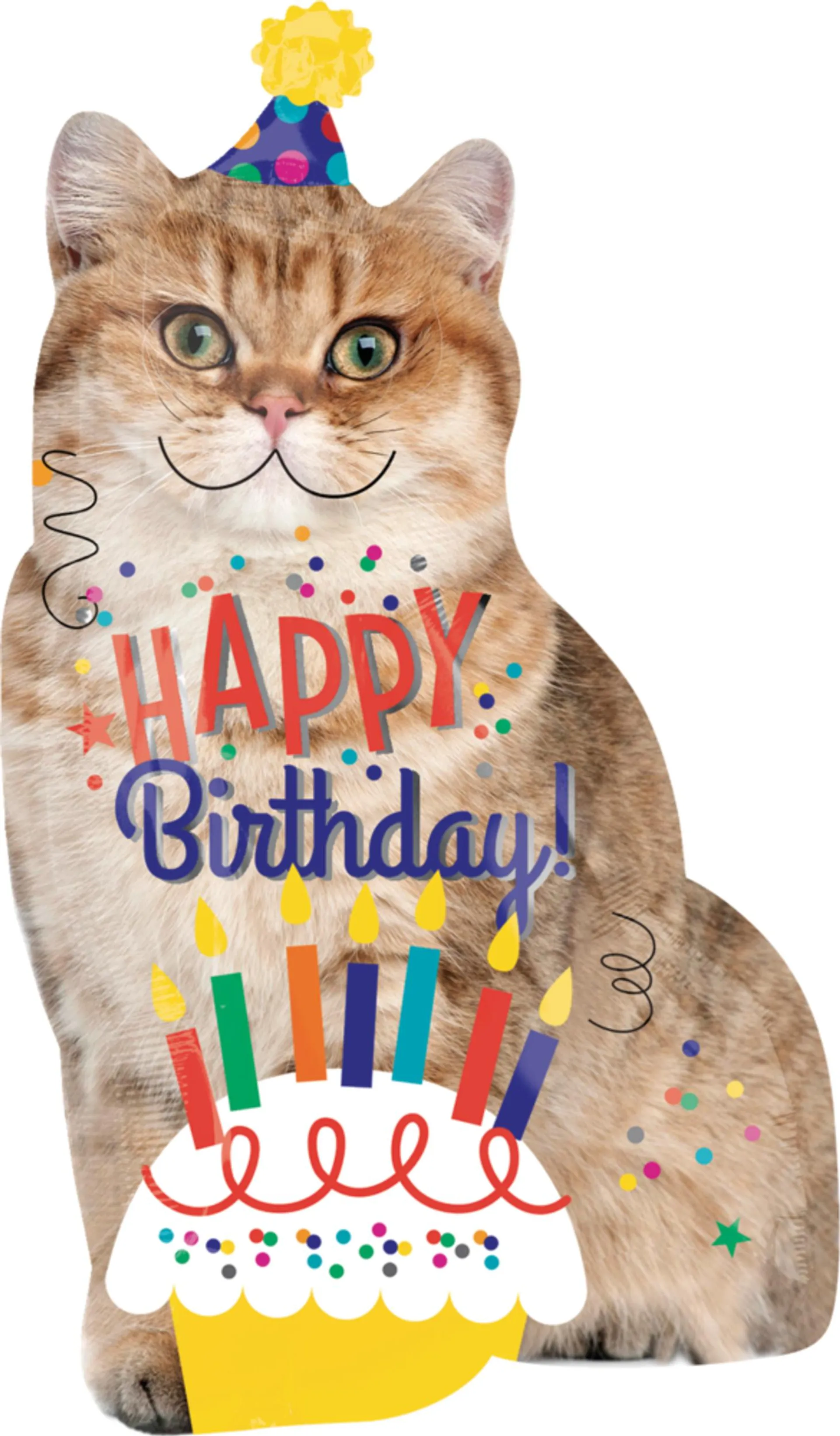 "Happy Birthday" Cat Satin Foil Balloon, Brown, 33-in, Helium Inflation & Ribbon Included for Birthday Party