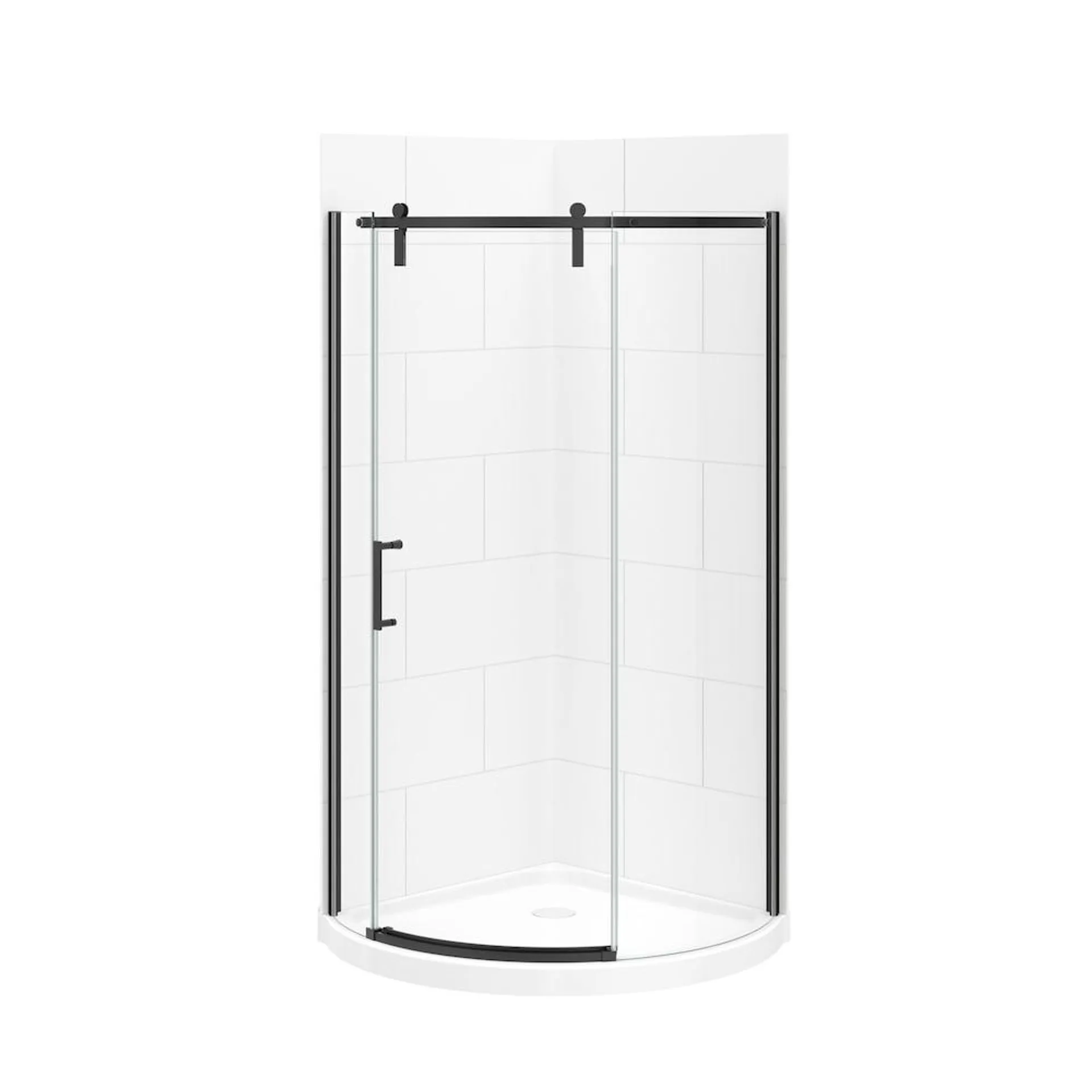 Denso 36-in. Round Frameless Corner Shower Kit Enclosure with Matte Traditional Subway Tile Walls, Base & Left Hand Matte Black Sliding Door