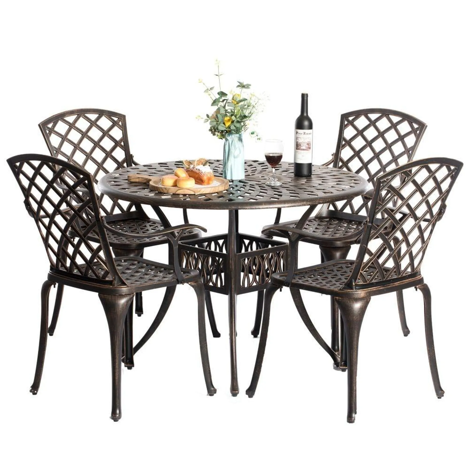 Outdoor and Indoor Bronze Dinning Set 4 Chairs with 1 Table Bistro Patio Cast Aluminum.