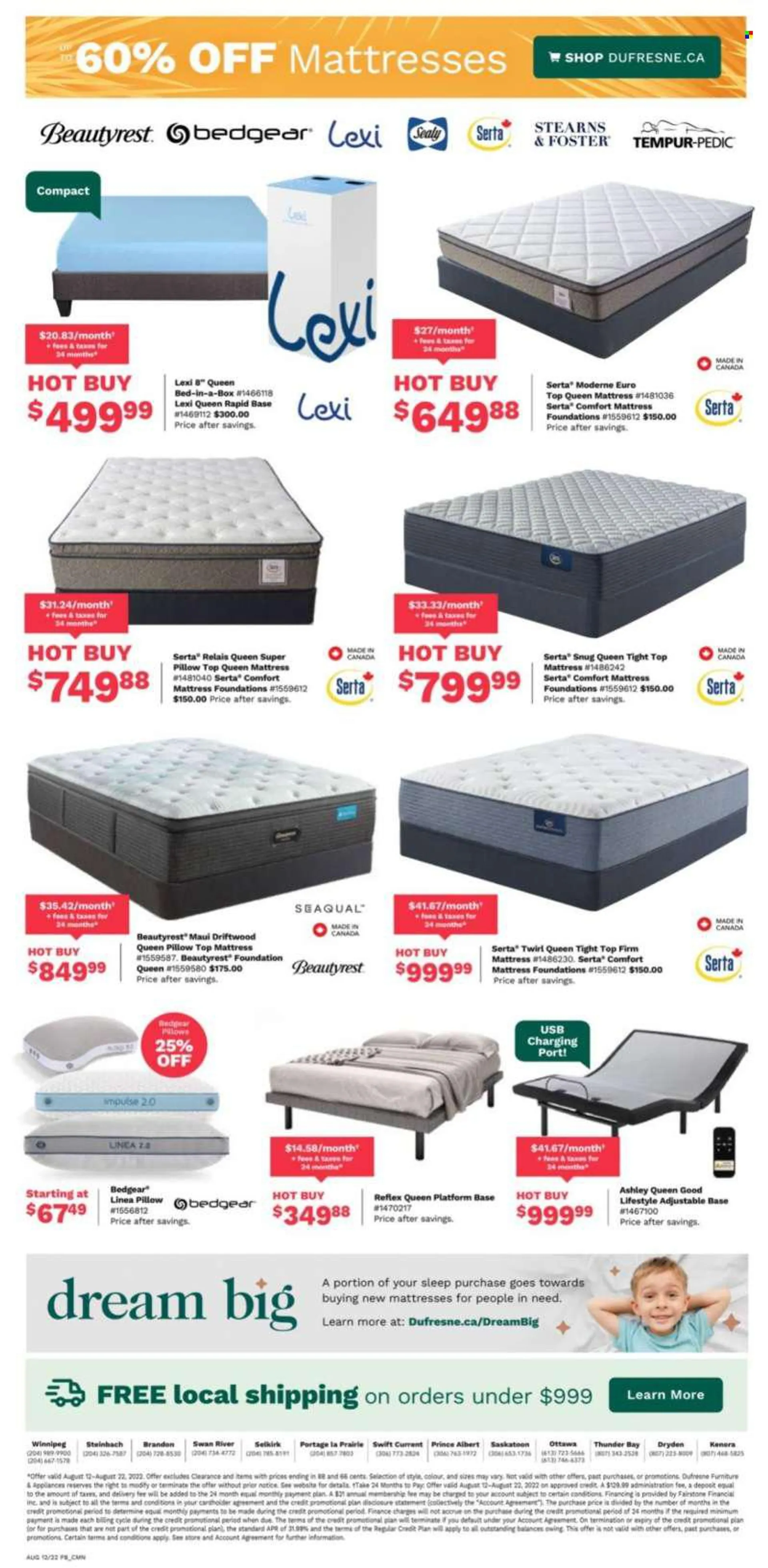 Dufresne Flyer - August 12, 2022 - August 22, 2022 - Sales products - pillow, bed, queen bed, mattress. Page 9.