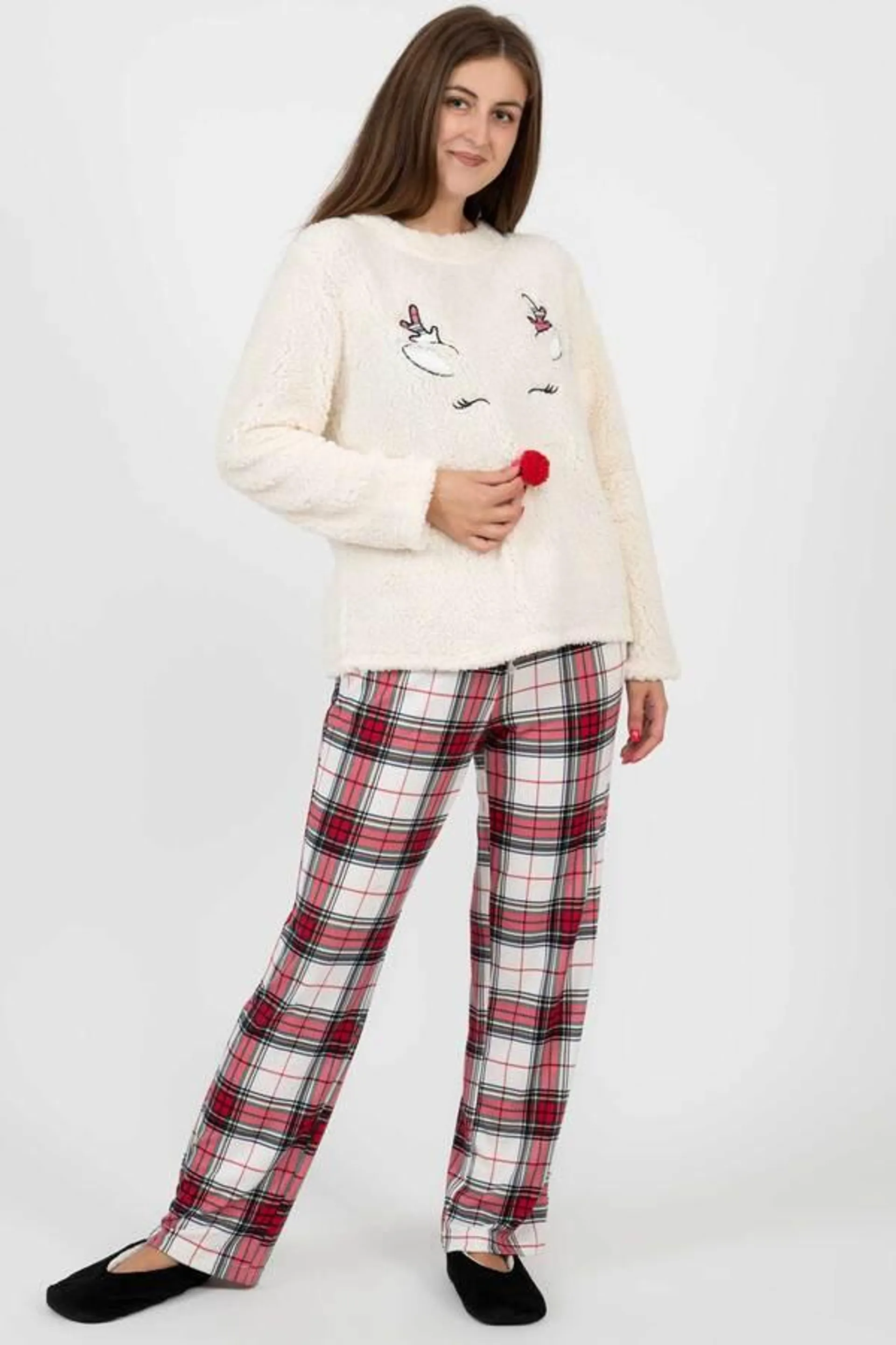 Rêves - Check & fleece PJ set - Red pom pom