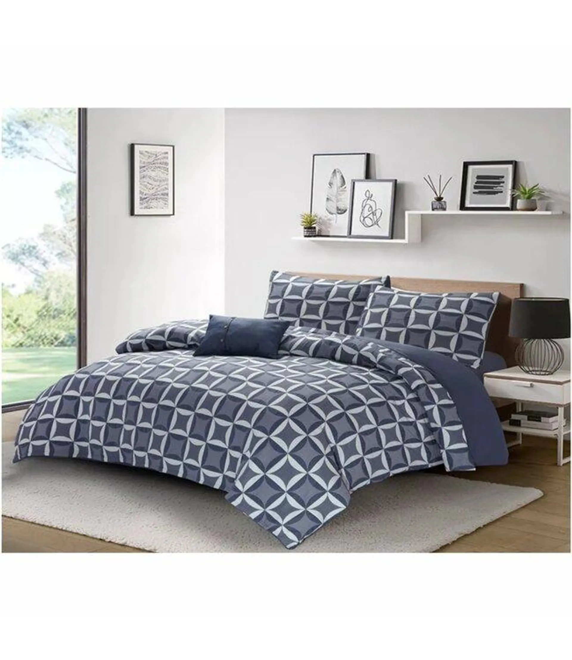 HAVEN 4pc COTTON JACQUARD DUVET COVER SET BLUE GEO