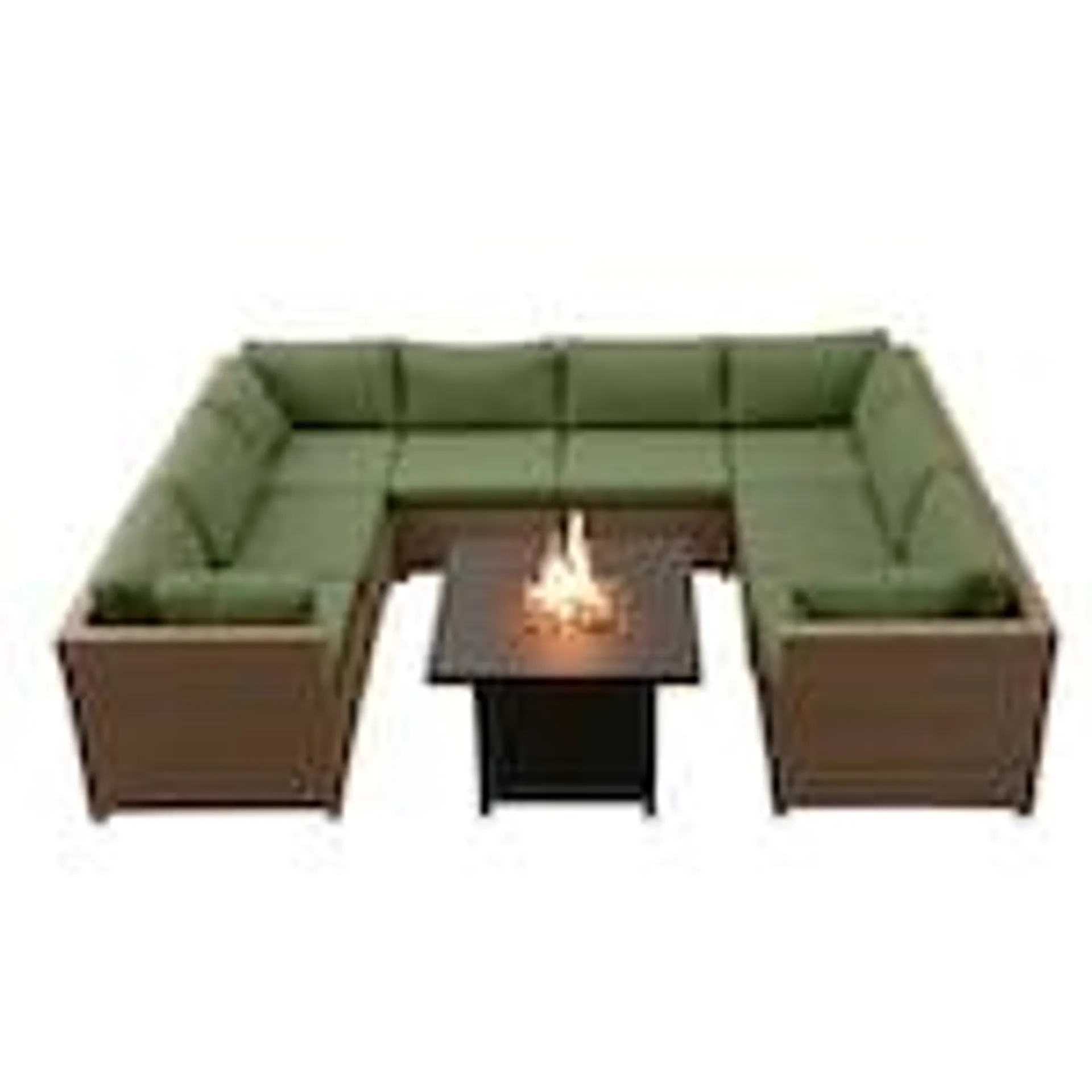 Chambers Bay 9 Piece All-Weather Wicker Patio Conversation Set in Green with Sq. Fire Table