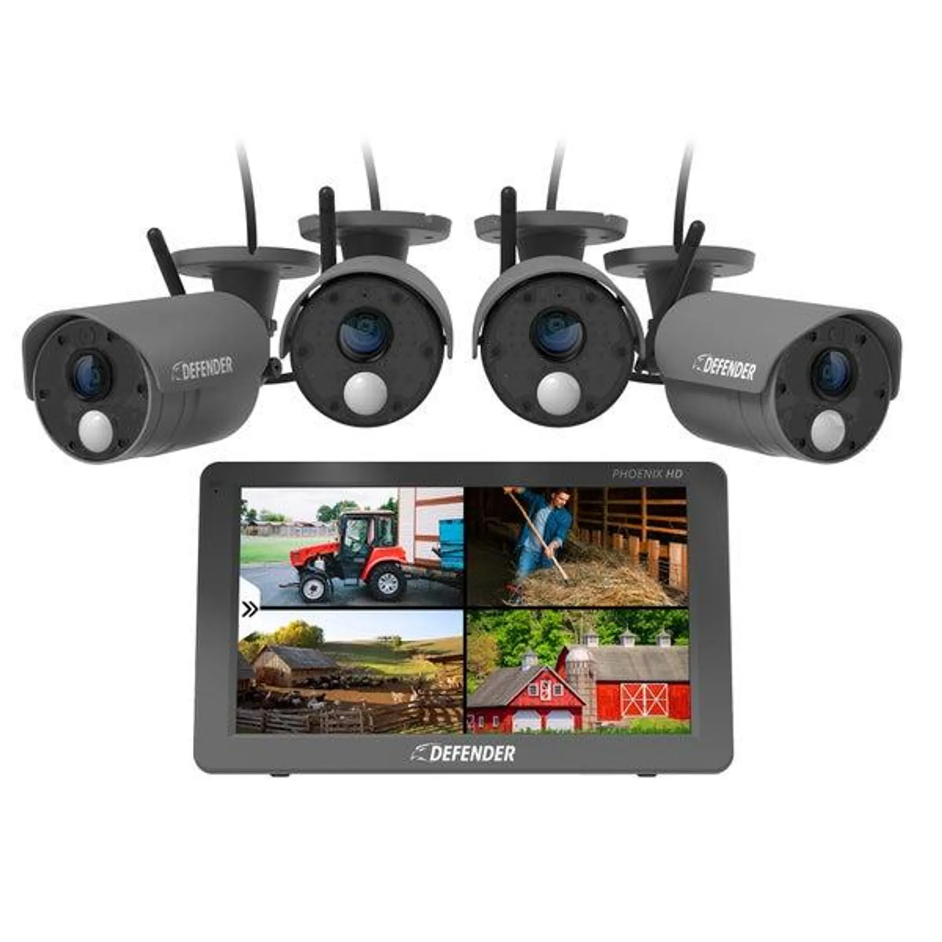 Defender PHOENIXHD Non-WiFi, Plug-in Power Security System with 4 Cameras & 10.1” HD Monitor