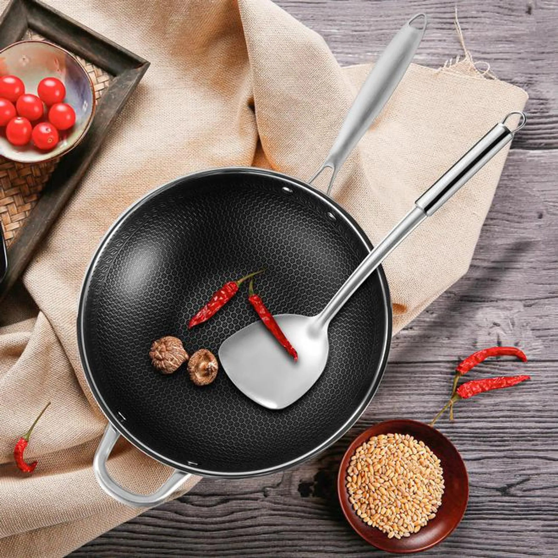 Stainless Steel Non-Stick Fry Pan with Lid and Spatula 12.68" - LIVINGbasics®