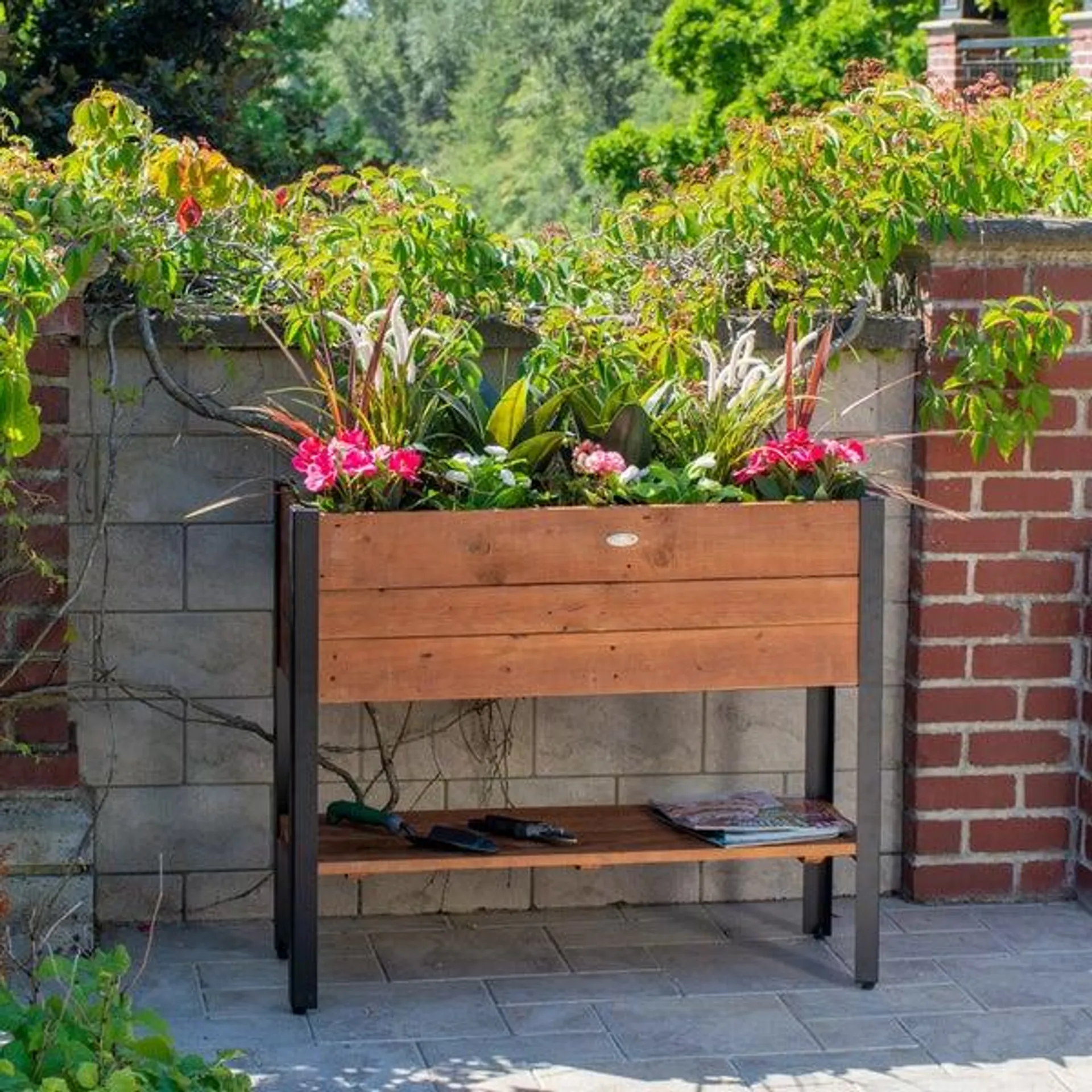 Grapevine Urban Garden Raised Planter, Recycled Wood and Metal, with Shelf