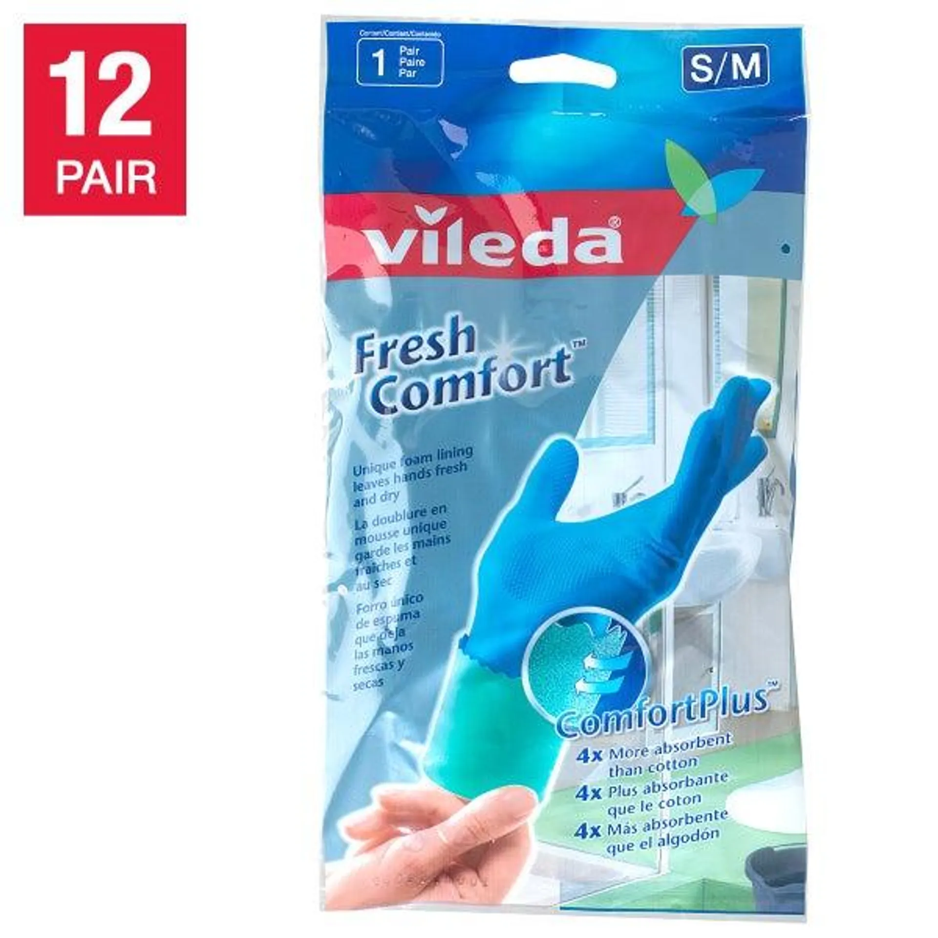 Vileda Fresh Comfort Gloves, Small/Medium Size, 12-pack