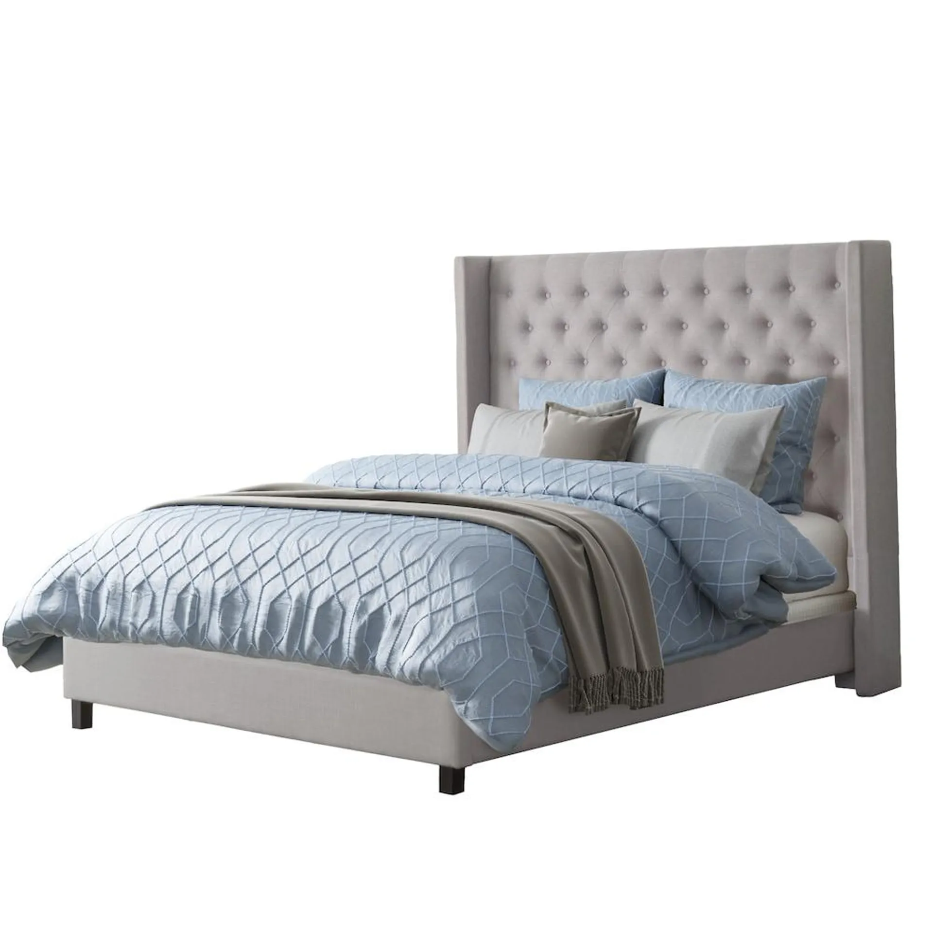 Fairfield Light Grey Tufted Fabric Bed with Wings, Queen