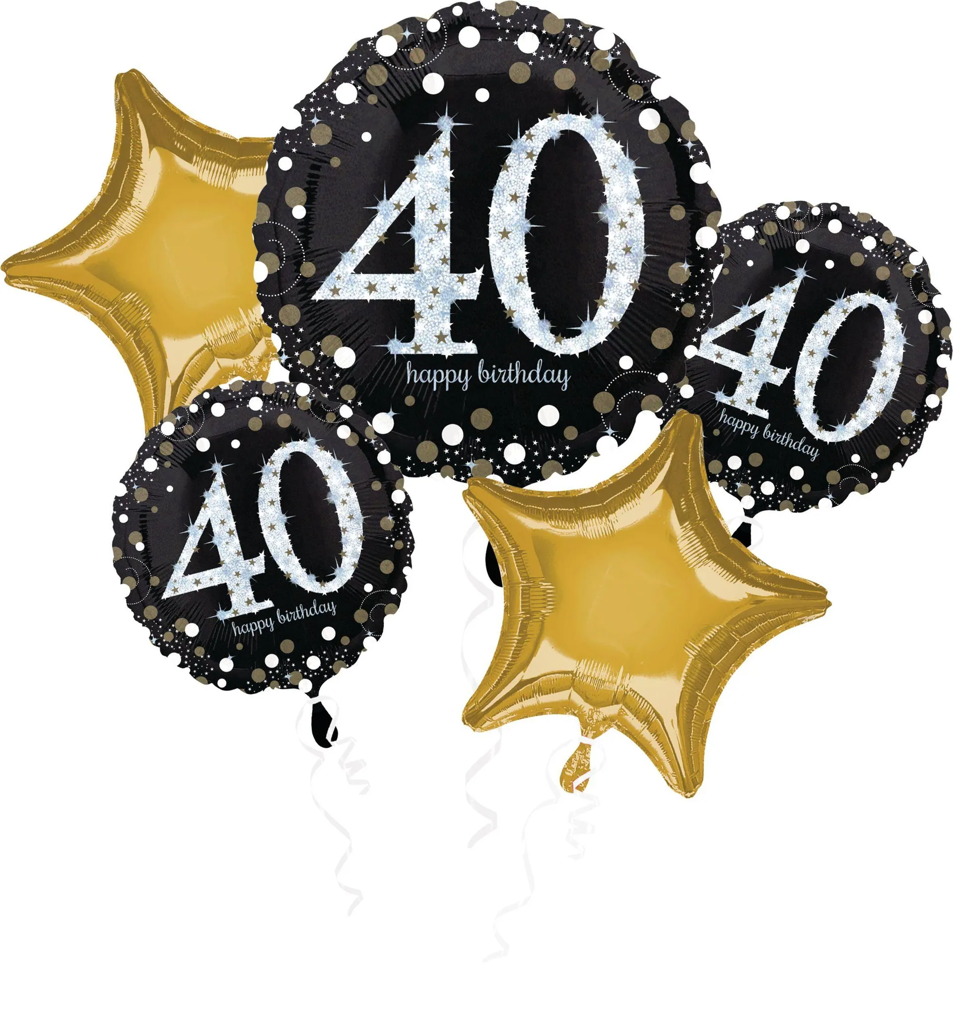 Sparkling Celebration "Happy 40th Birthday" Star Satin Foil Balloon Bouquet, Black/Gold, 5-pk, Helium Inflation & Ribbon Included for Birthday Party