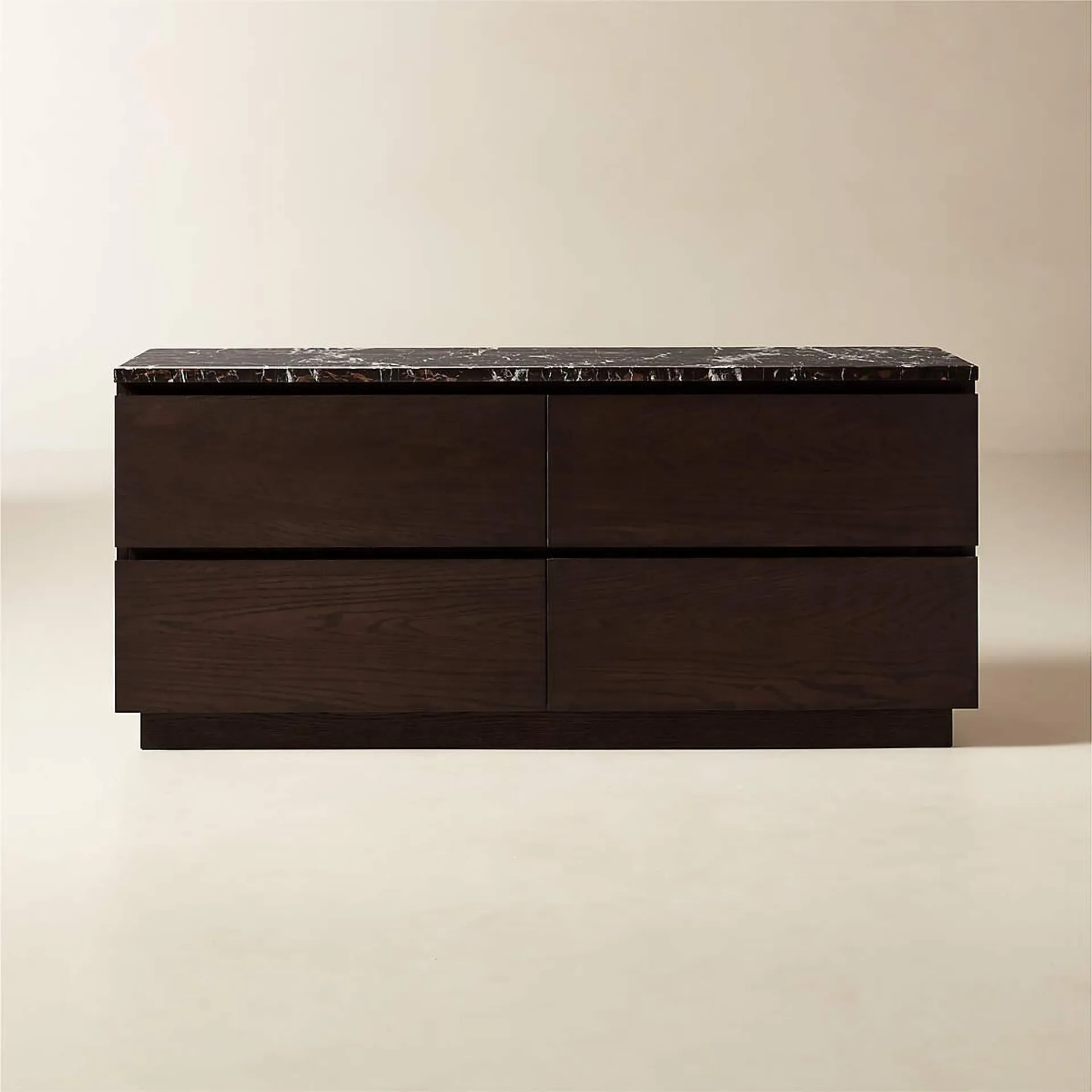 Logan 4 Drawer Oak Wood and Marble Low Dresser