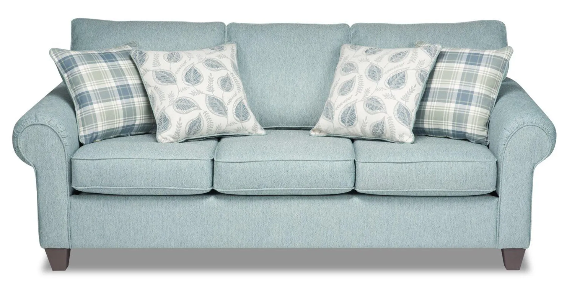 Canadian Made Scarlett 87" Marine Blue Chenille Fabric Sofa with Rolled Arms and Four Accent Pillows