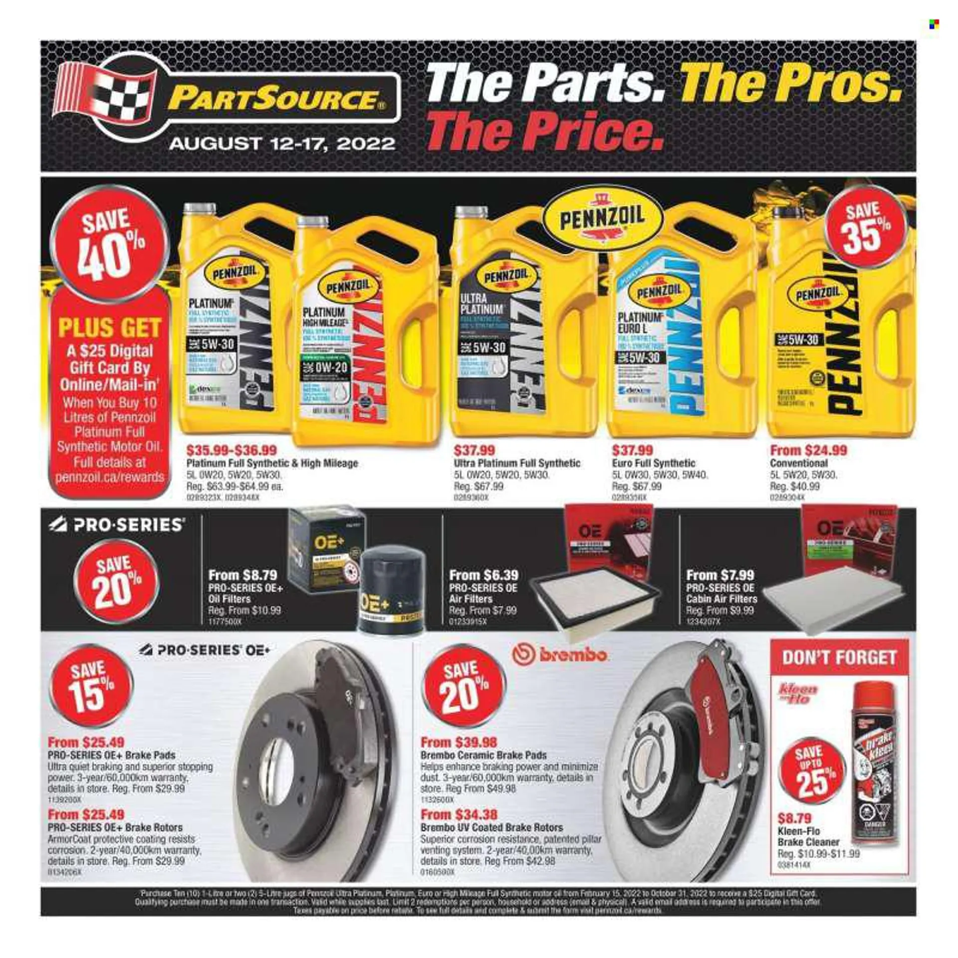 PartSource Flyer - August 12, 2022 - August 17, 2022 - Sales products - air filter, brake pad, oil filter, cabin filter, brake rotors, brake cleaner, cleaner, motor oil, Pennzoil. Page 1.