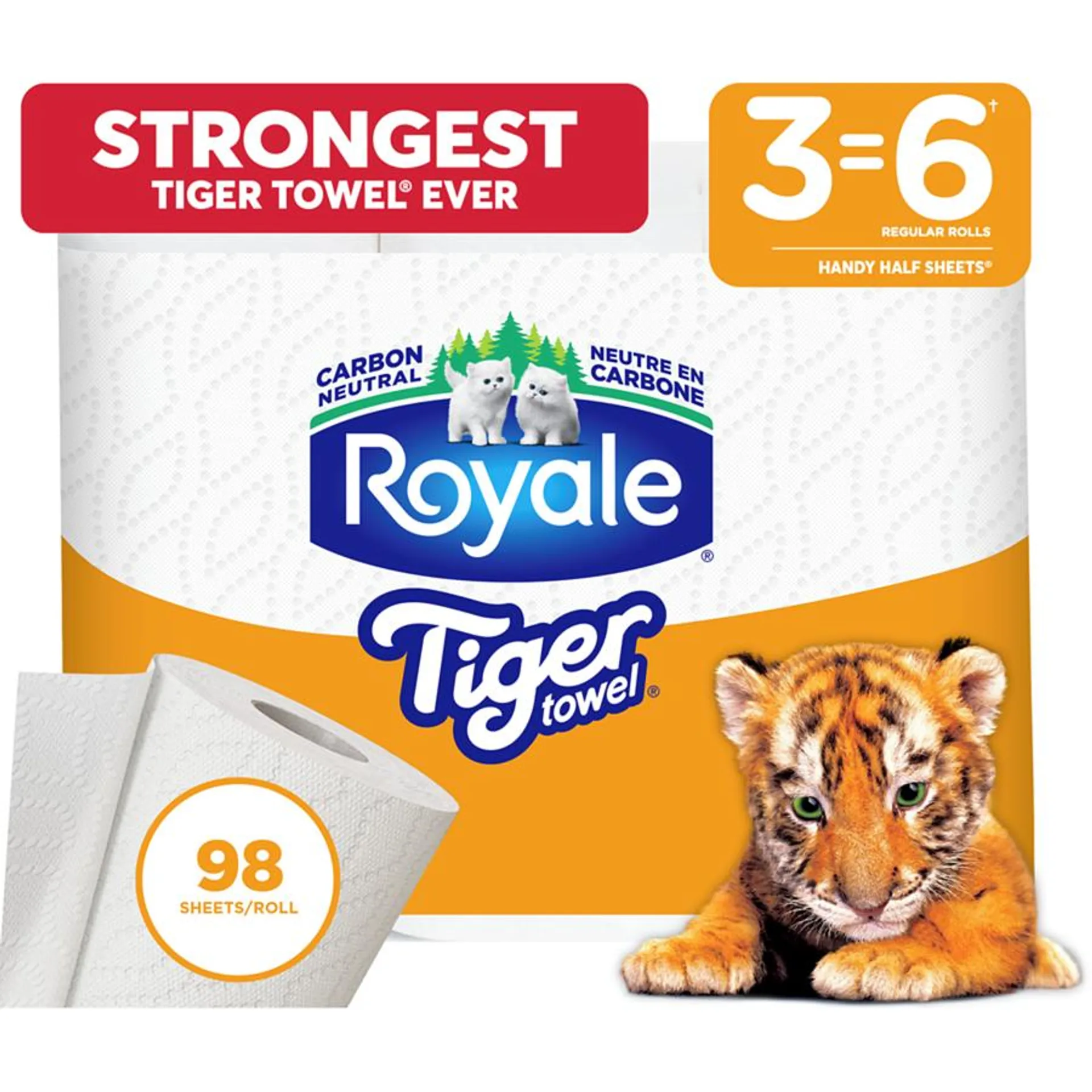 Tiger Strong Paper Towel, 3 Equal 6 Rolls, 98 Sheets per Roll