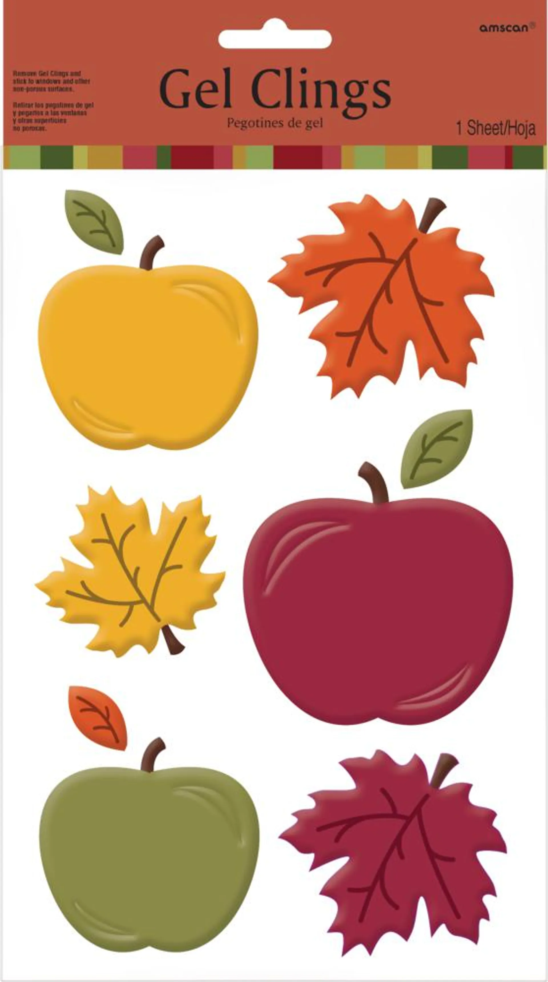 Fall Apples and Leaves Gel Cling Decals, Multi-Coloured, 9-pk, Indoor Decoration for Fall