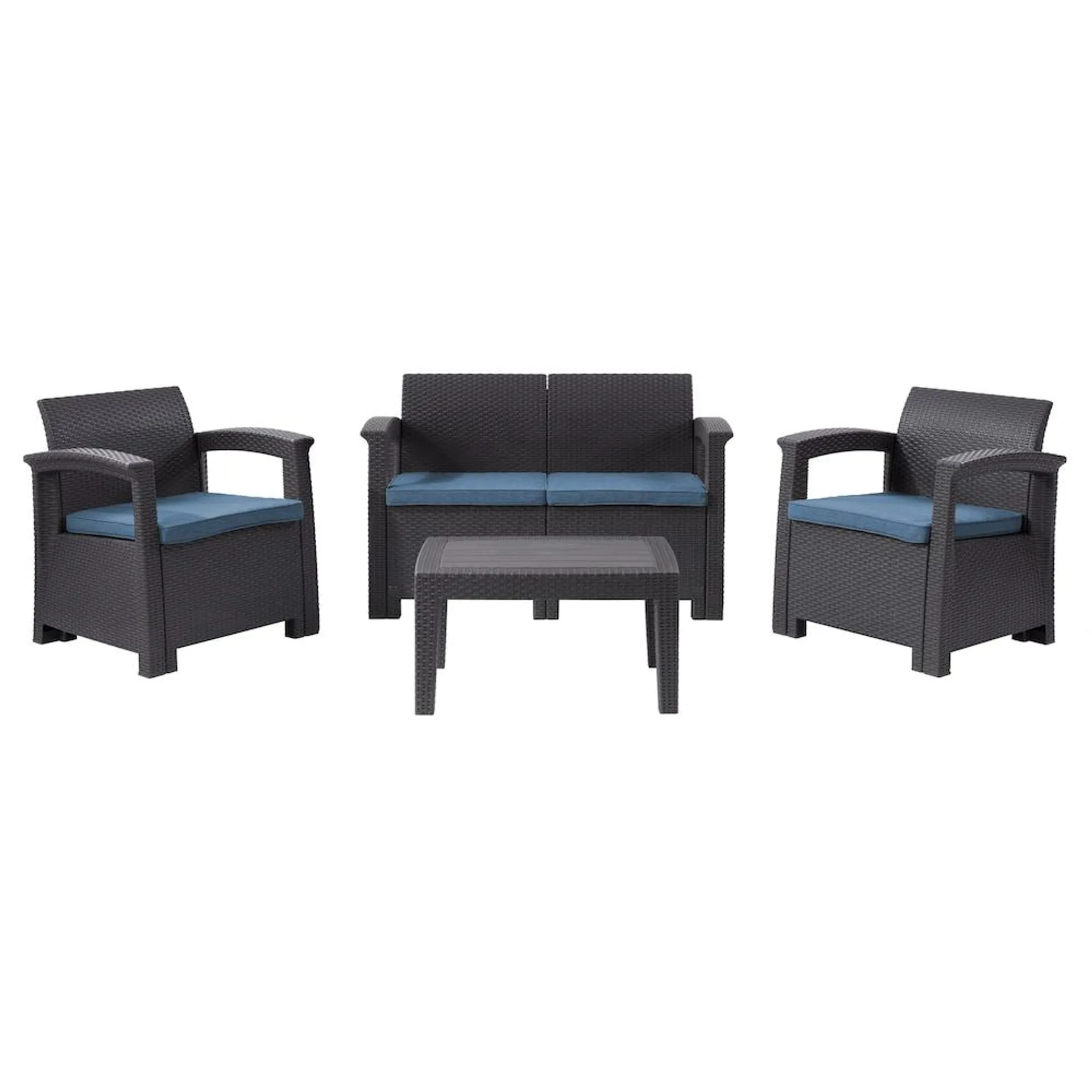 Lake Front Black Rattan Patio Set With Blue Cushions 4pc