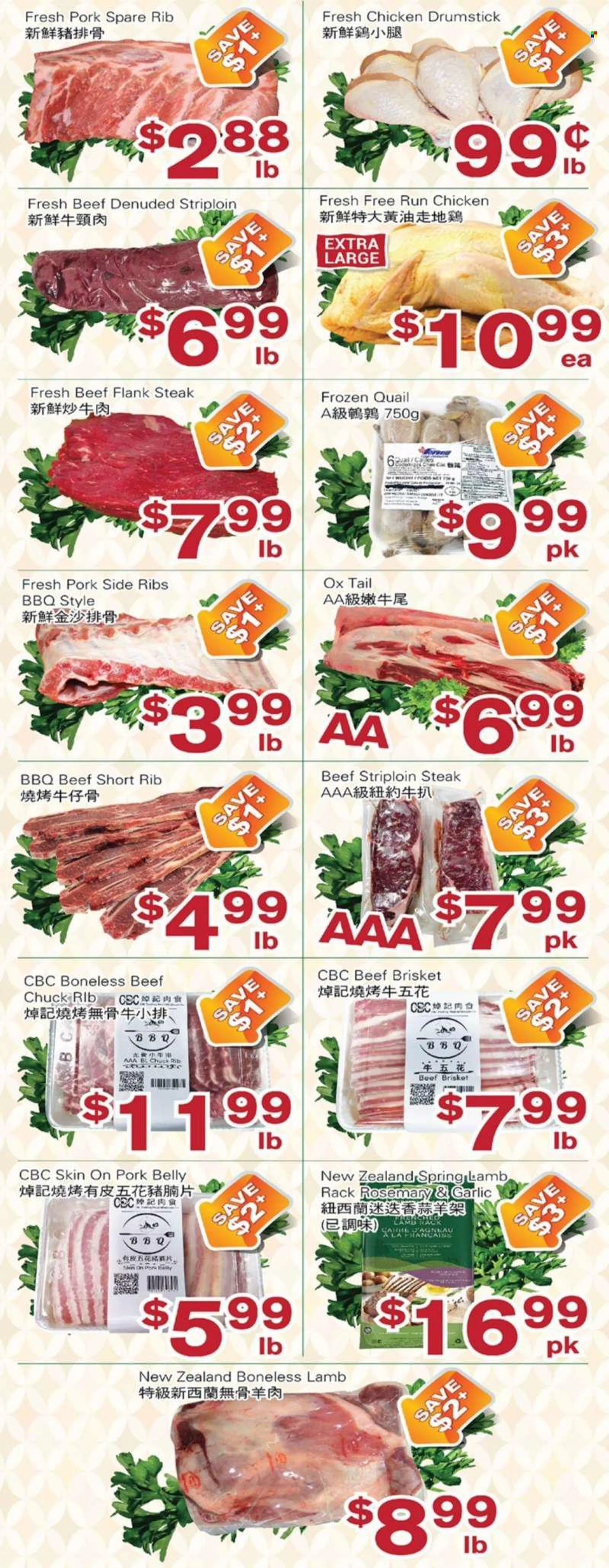 First Choice Supermarket Flyer - August 05, 2022 - August 11, 2022 - Sales products - rosemary, quail, beef meat, striploin steak, beef brisket, flank steak, pork belly, pork meat, steak. Page 2.