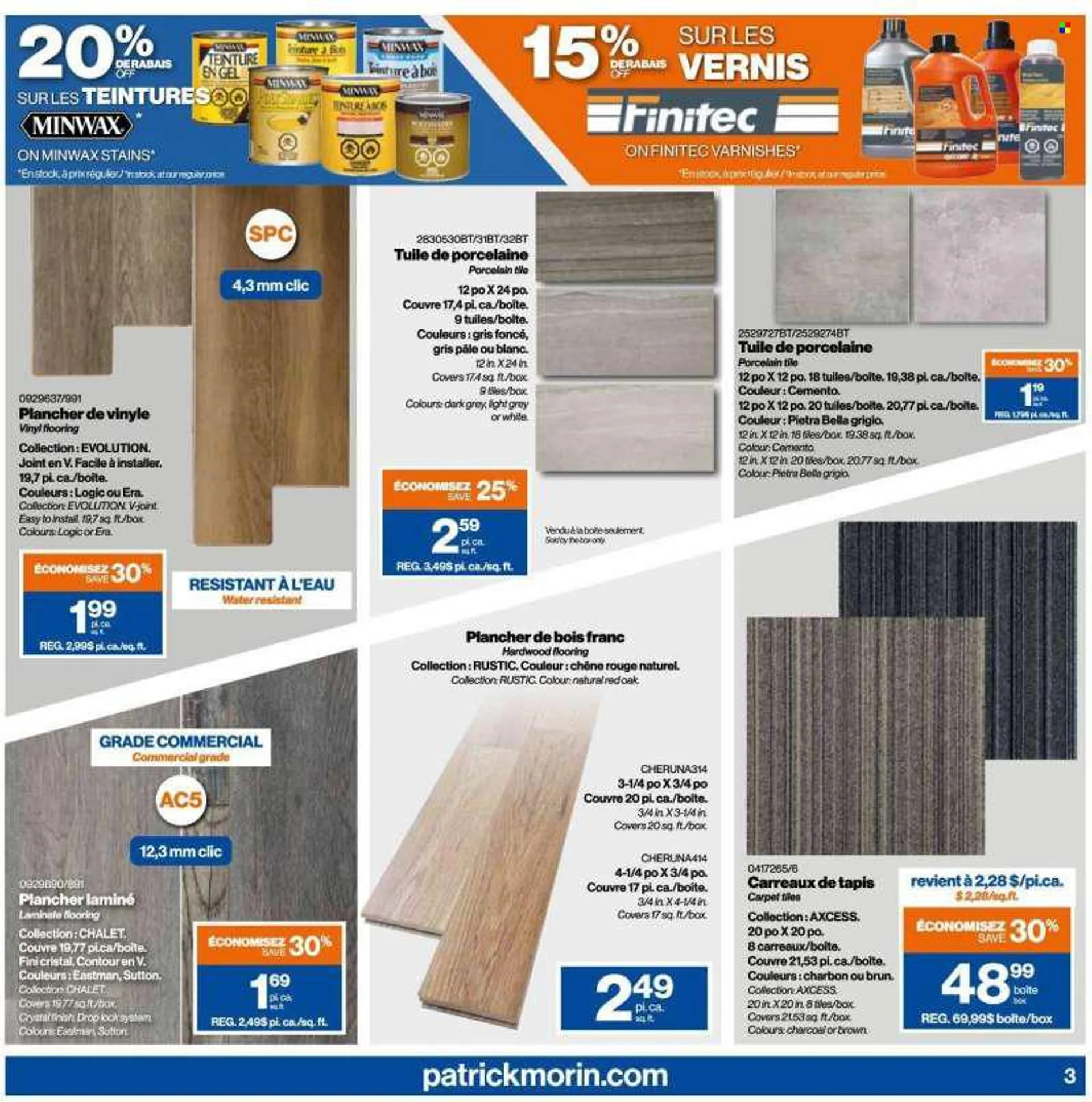 Patrick Morin Flyer - August 11, 2022 - August 17, 2022 - Sales products - flooring, laminate floor, vinyl, porcelain tile, carpet. Page 3.
