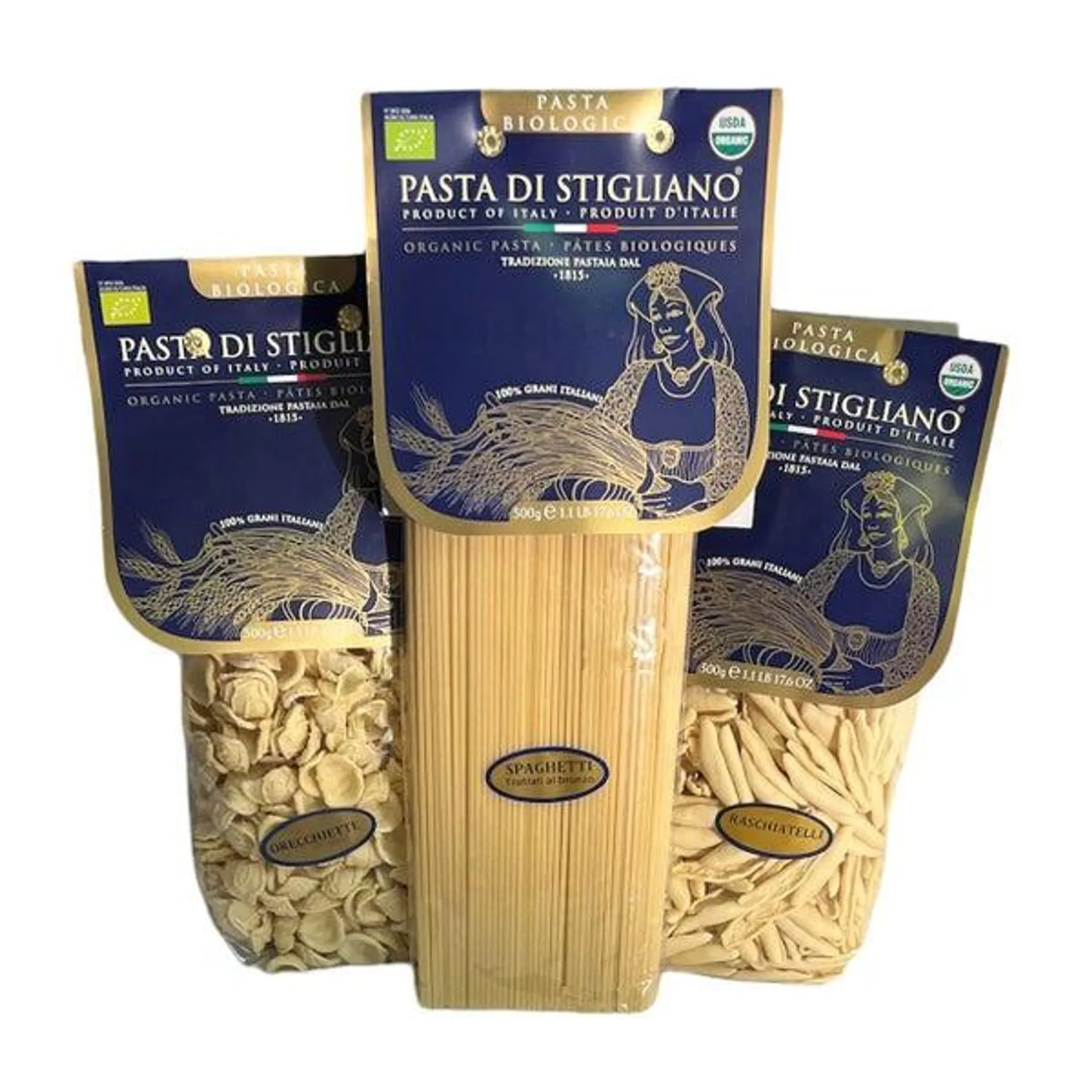 Pasta di Stigliano Organic Durum Wheat Spaghetti, Raschiatelli and Orecchiette, 6 x 500 g