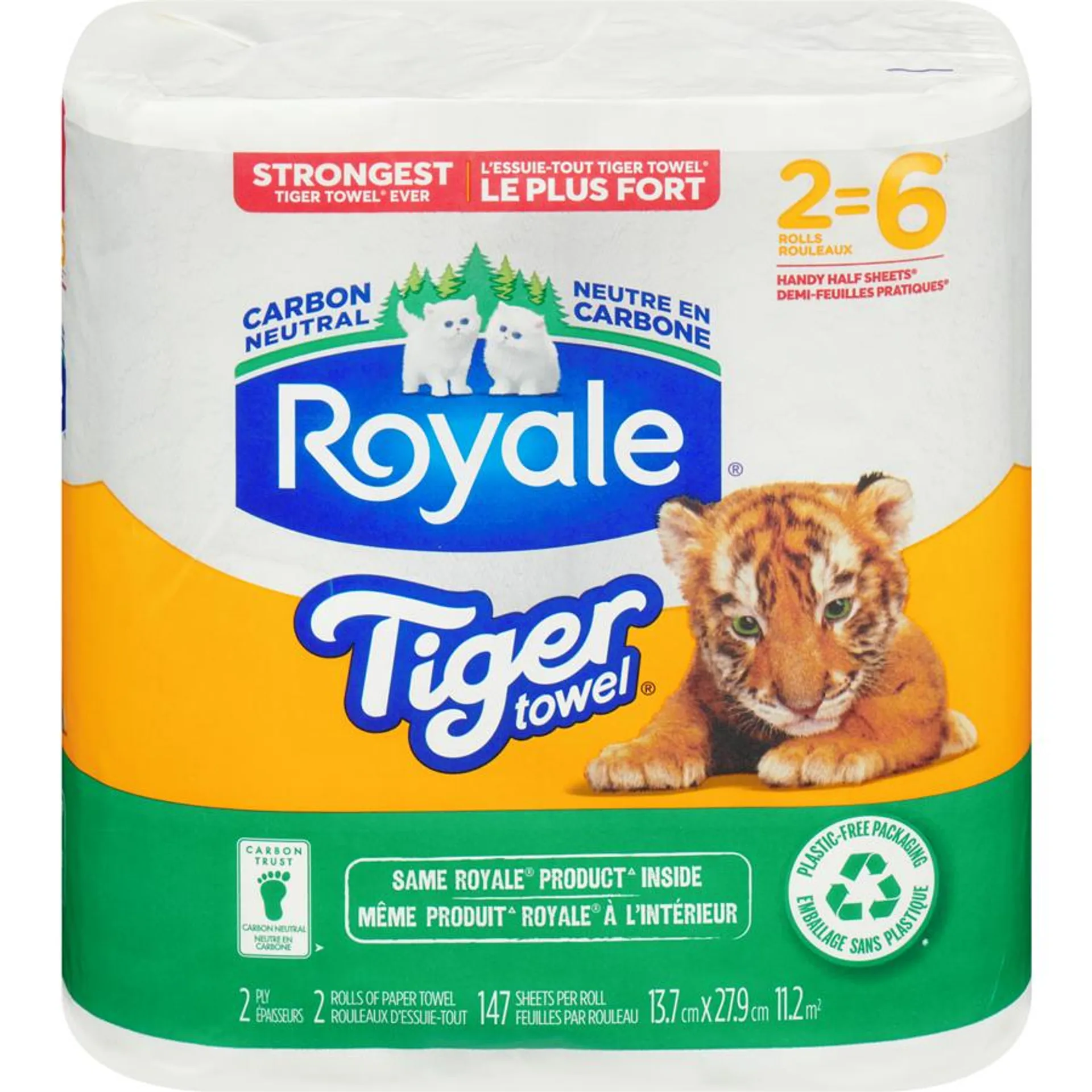 Tiger Towel Recyclable Paper Packaging, 2 Equal 6 Paper Towel Rolls, 147 Sheets per Roll