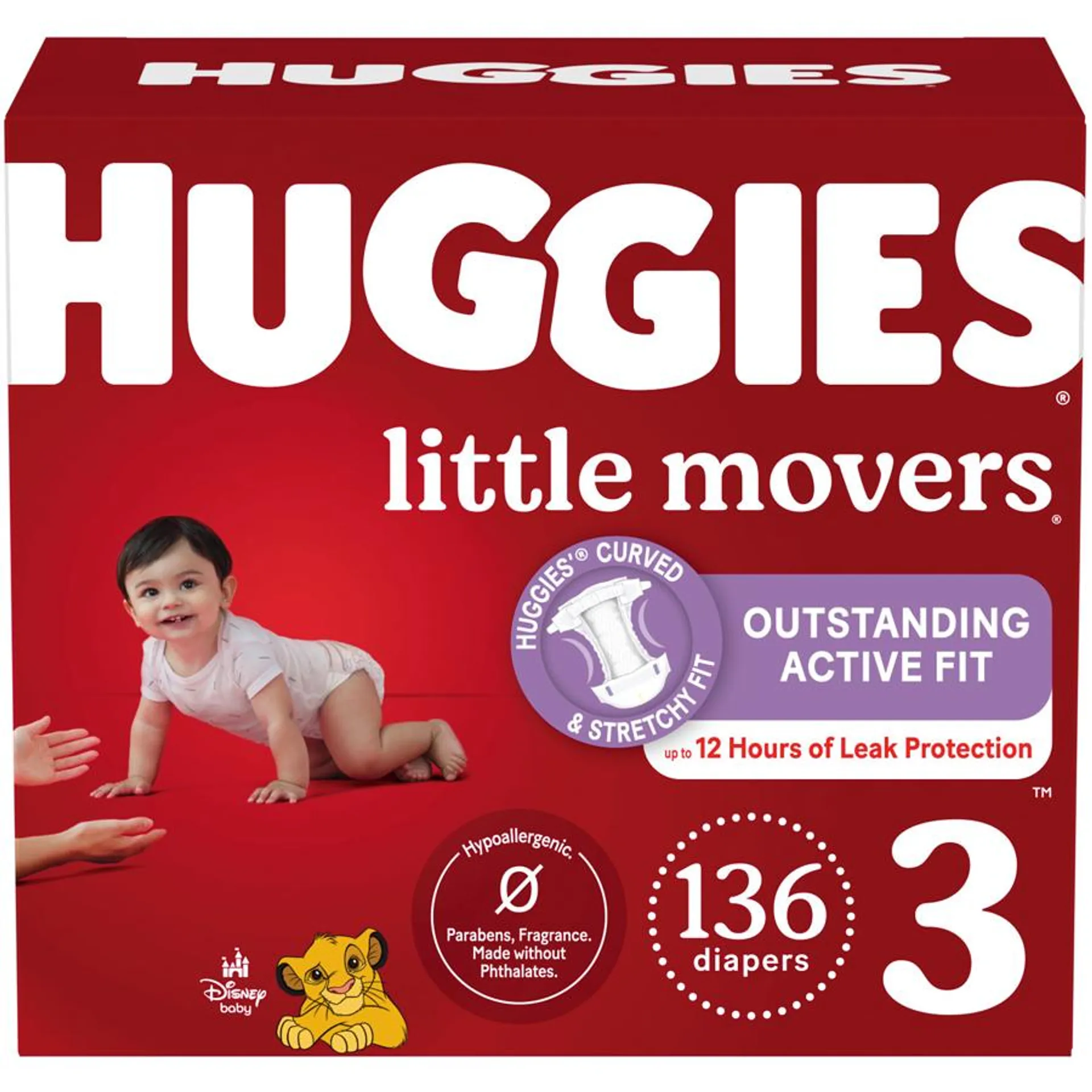 Little Movers Baby Diapers, Size 3 (16-28 lbs), 136 Ct