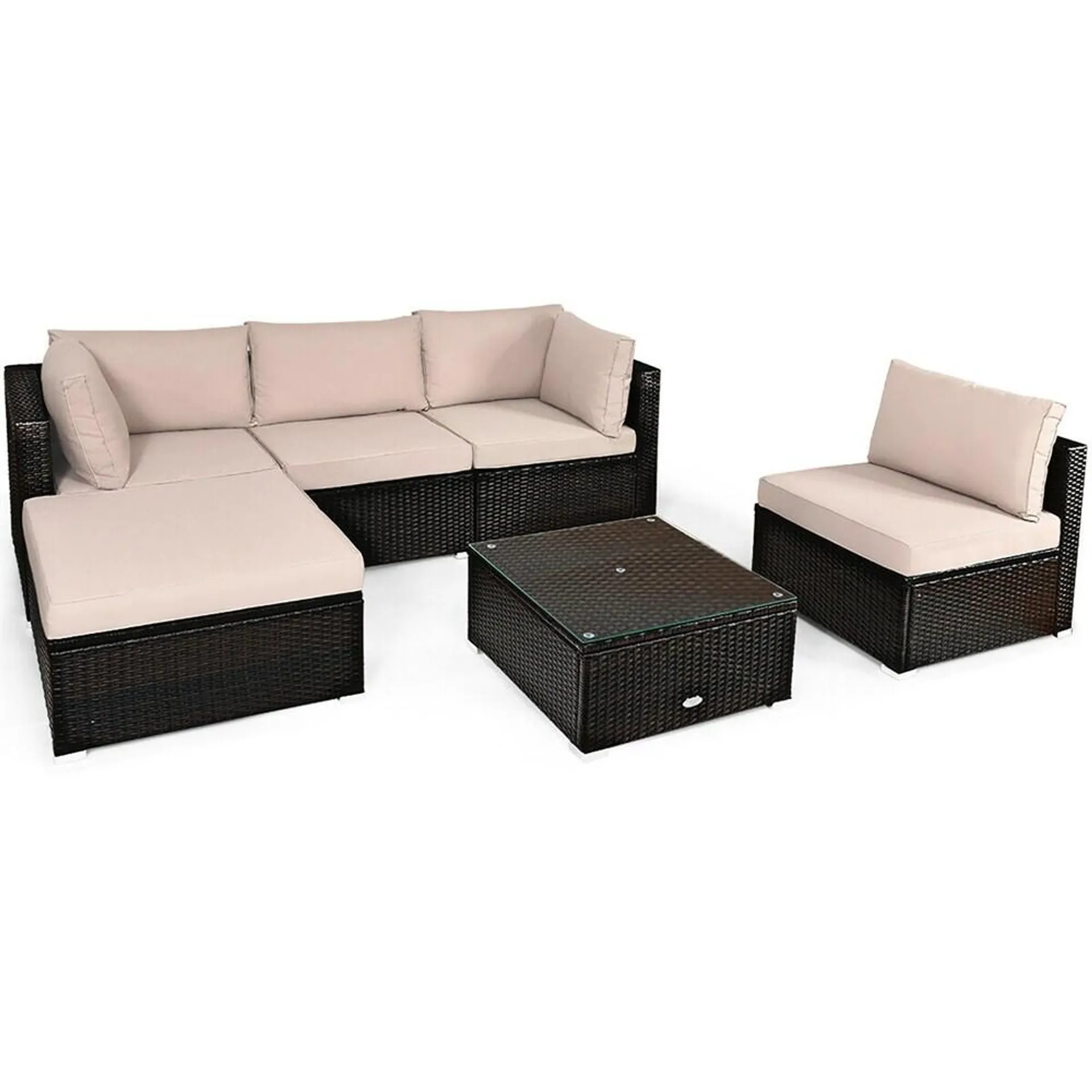 6PCS Outdoor Patio Rattan Furniture Set Cushioned Sectional Sofa Ottoman