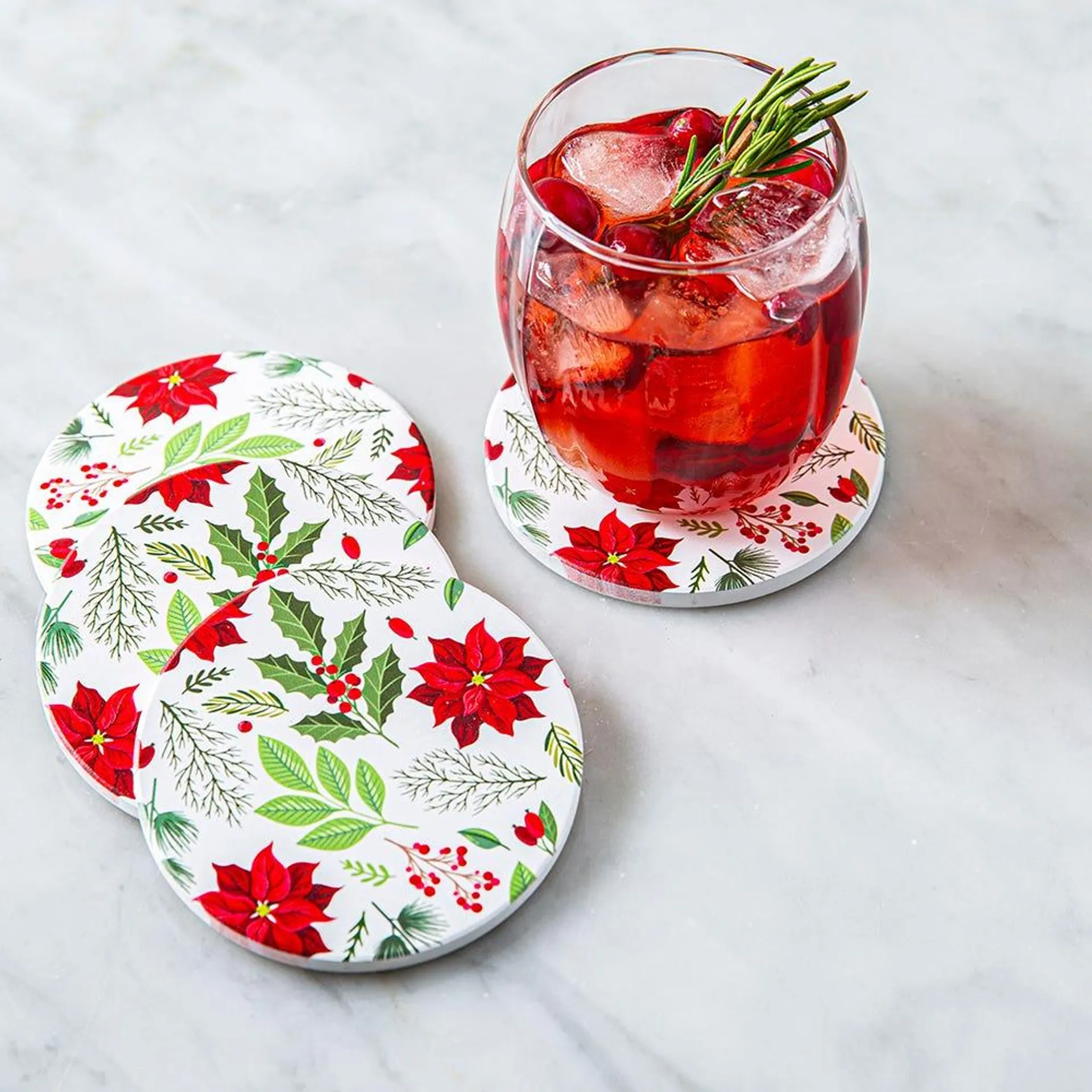 KSP Christmas Ceramic 'Poinsettia' Coaster - Set of 4 10cm Dia.