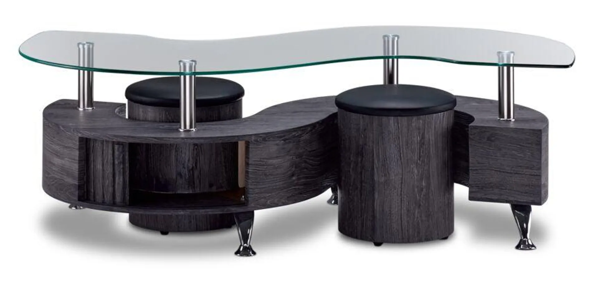 Serpentine 51.5" Coffee Table with Two Ottomans - Dark Grey