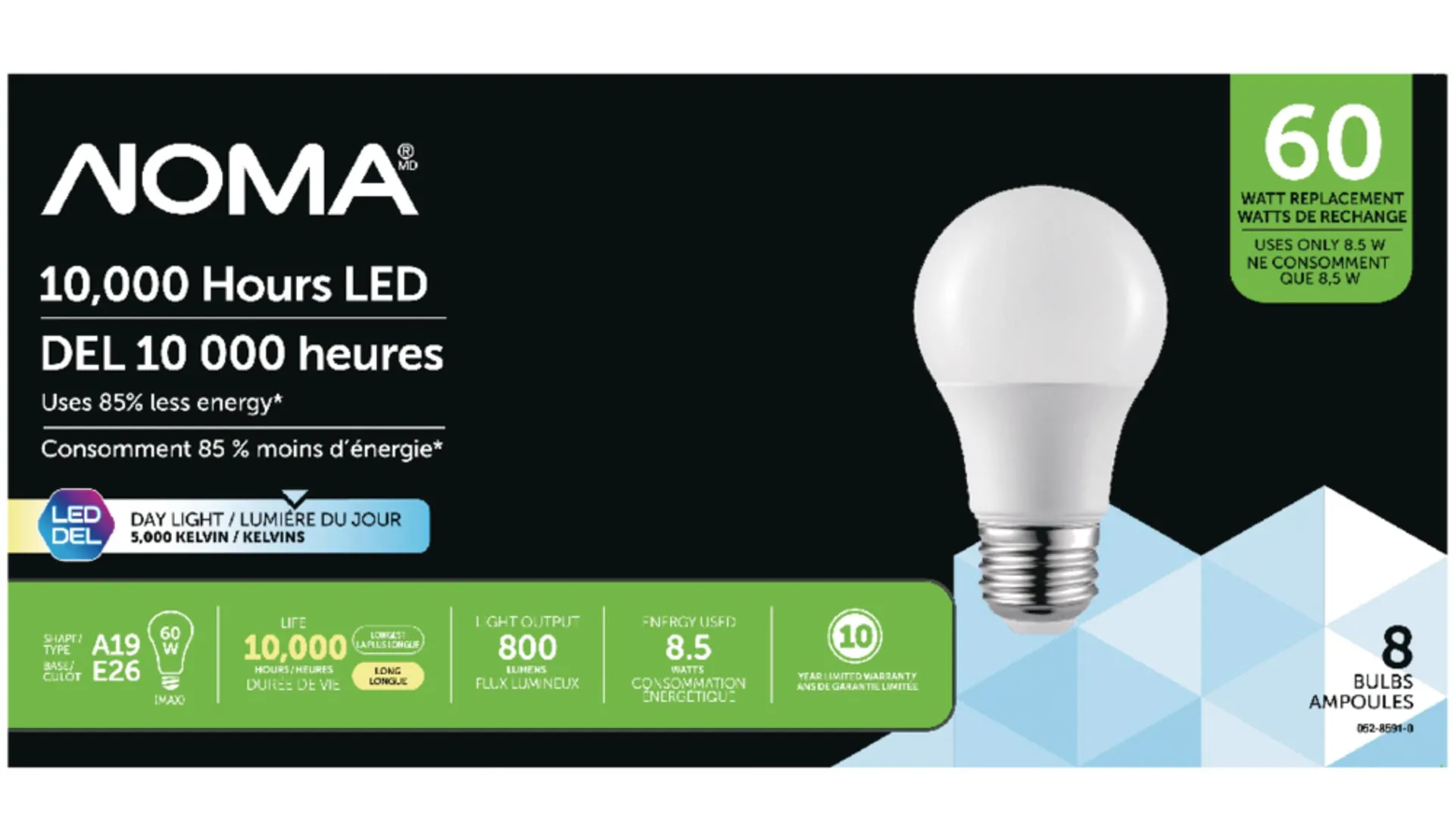 NOMA A19 E26 Base Non-Dimmable LED Light Bulbs, 800 Lumens, Daylight, 60W, 8-pk