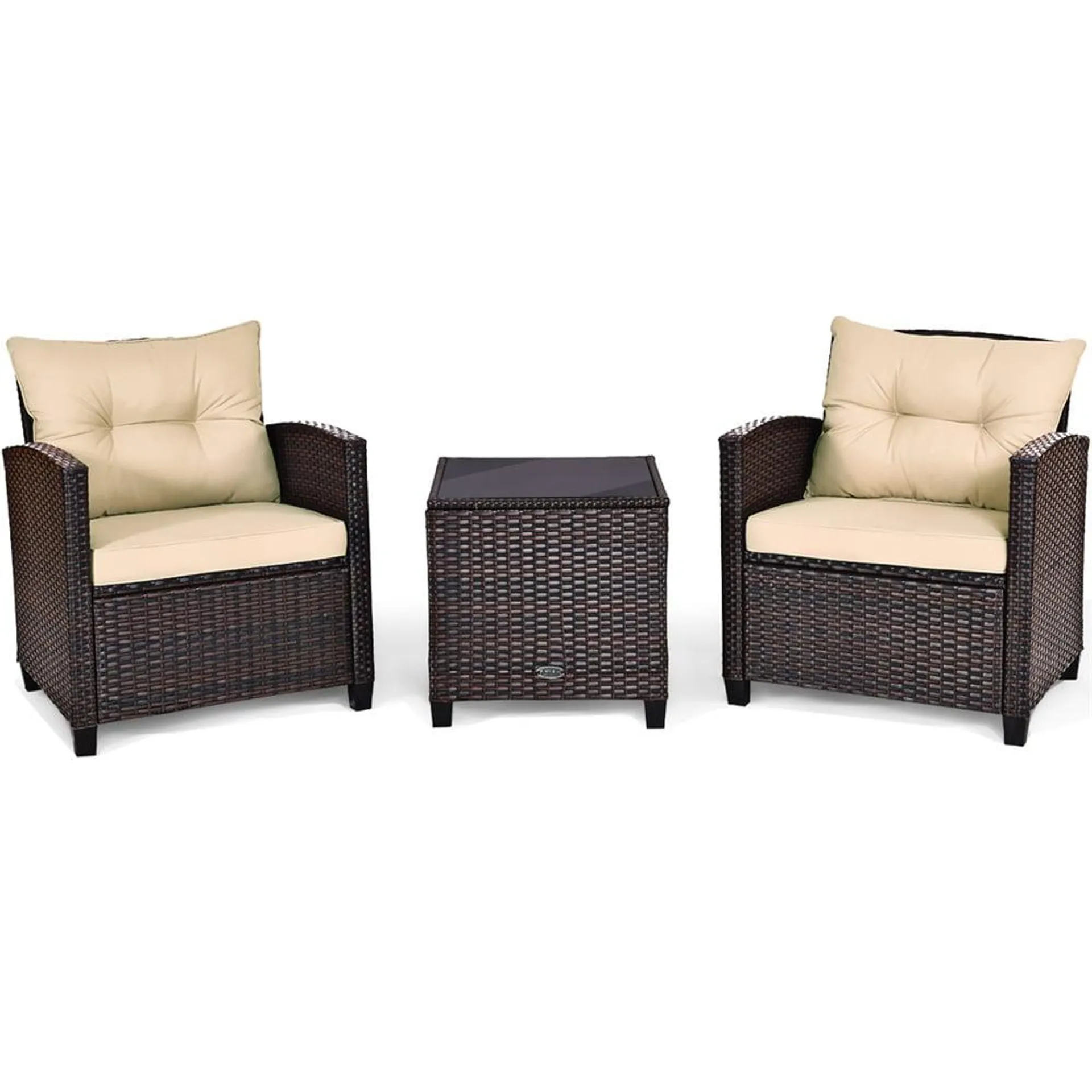 3PCS Patio Rattan Furniture Set Cushioned Conversation Set Sofa Coffee Table Beige