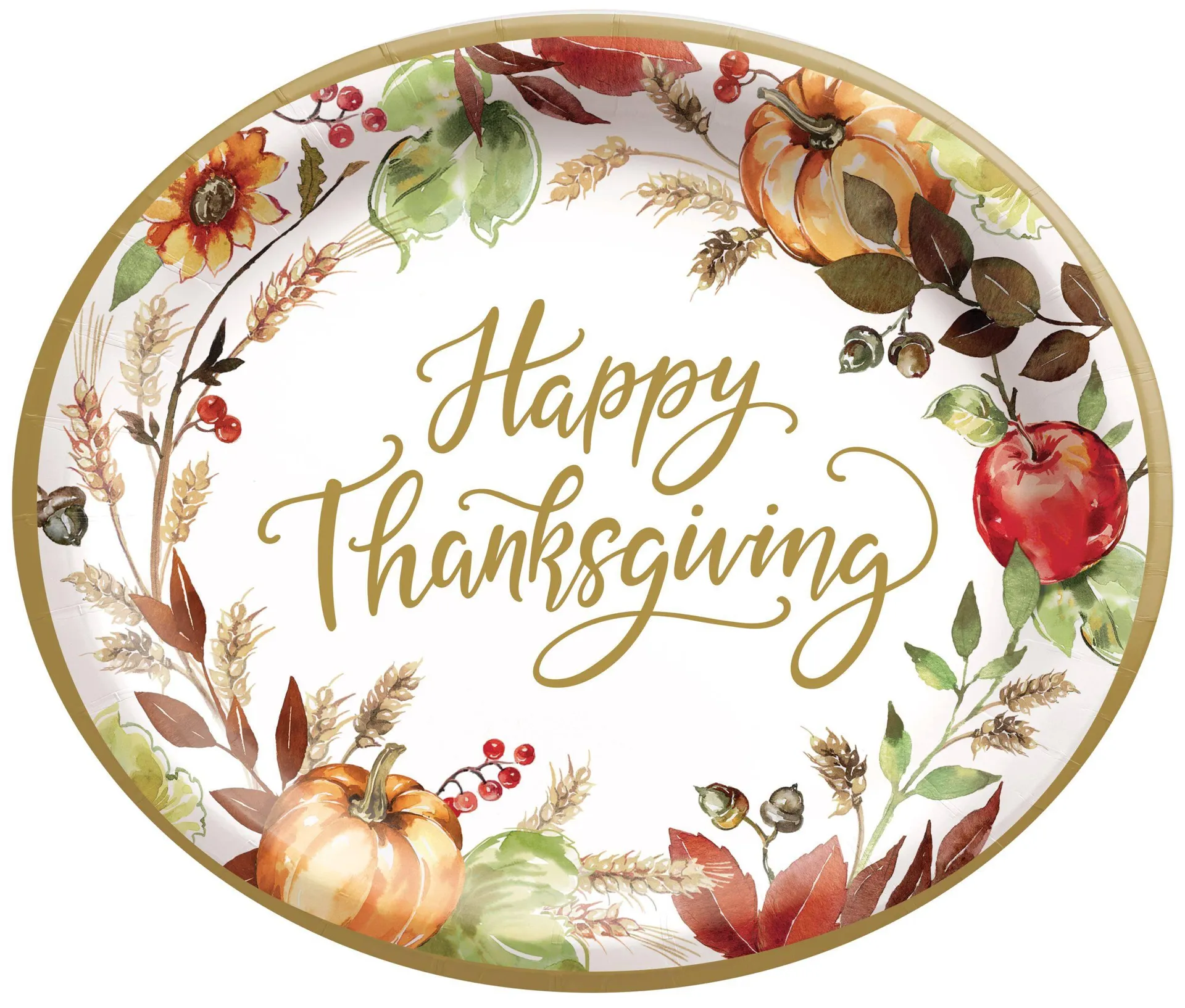 Grateful Day "Happy Thanksgiving" Oval Paper Disposable Platters, White Multi-Coloured, Pumpkin/Flower, 12-in, 18-pk, for Thanksgiving