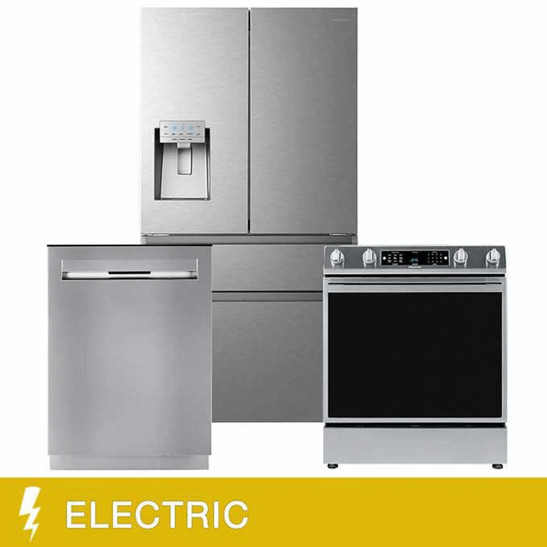 Hisense 3-piece Stainless Steel Kitchen Suite with 36 in 19.8 cu ft. Counter Depth French Door Refrigerator and 30 in. 5.8 cu ft. Electric Slide-In Range and 24 in Dishwasher