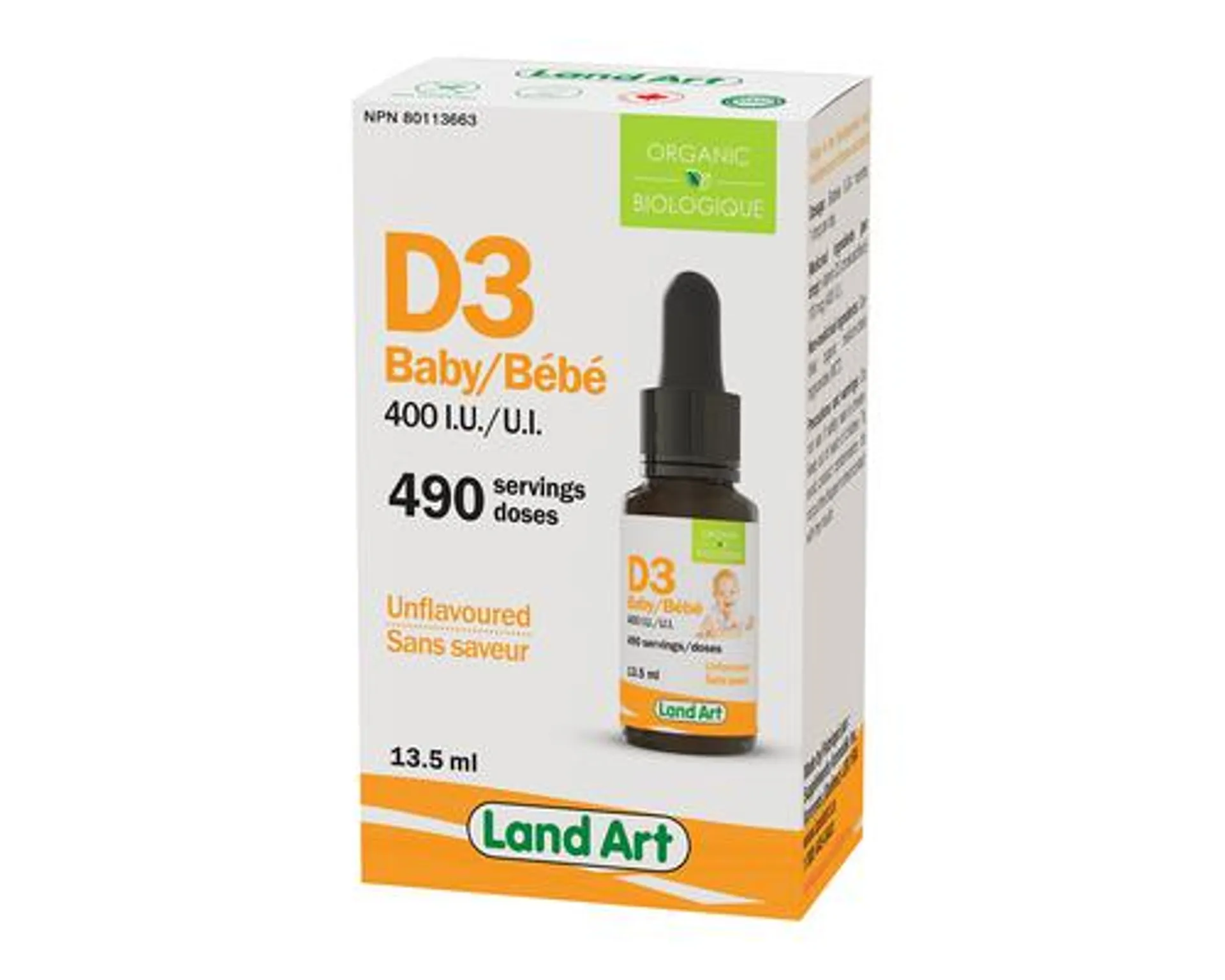 Land Art Organic Vitamin D3 400 IU Baby Unflavoured 13.5mL