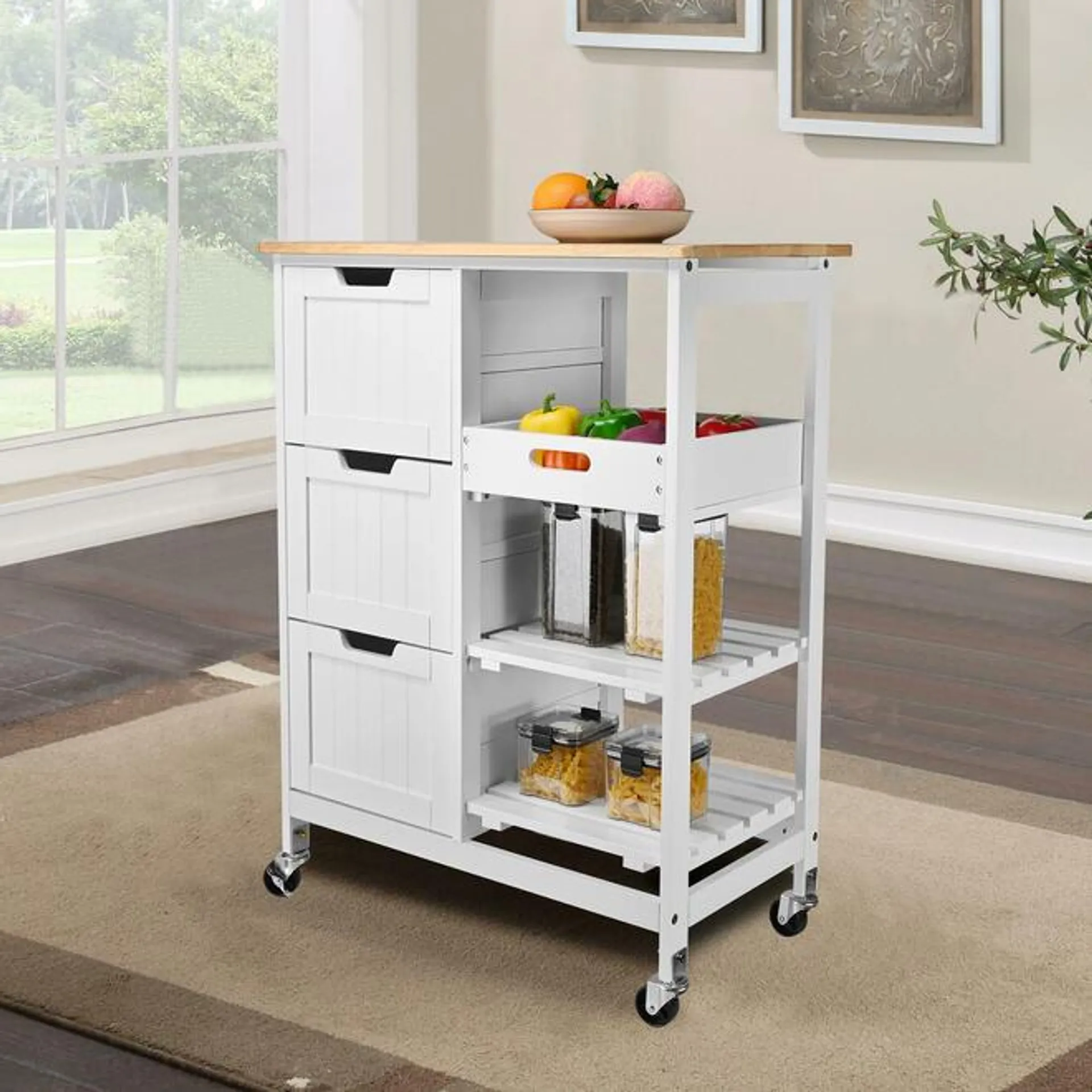 Kitchen Island Kitchen Cart Serving Utility Cart with and Wood Top Lockable Wheels - SortWise®️